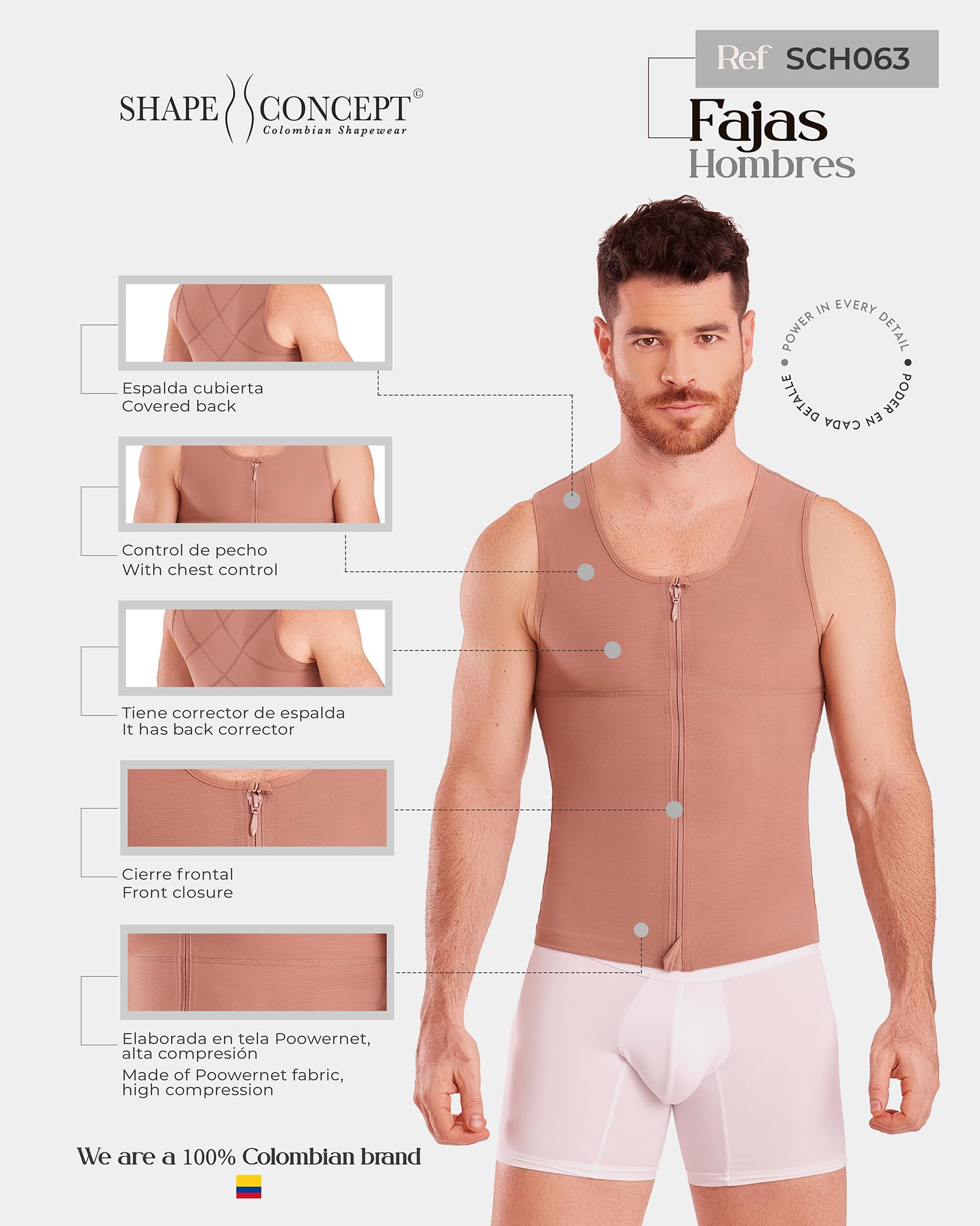 SHAPE CONCEPT 062 063 Colombian Shapewear for Men - High Compression Girdle & Body Shaper Garment - Slimming Waist Trainer for Workout, Post-Surgery & Everyday Wear
