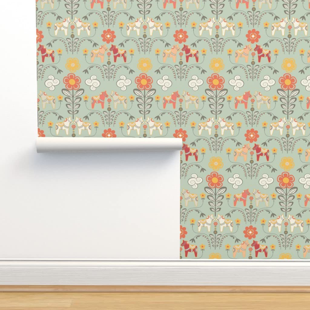 Peel & Stick Wallpaper 9ft x 2ft - Scandinavian Dala Horse Floral Folk Art Design, Removable Self-Adhesive Wallpaper for Modern Boho, Cottage & Farmhouse Decor | Perfect for Nursery, Bedroom & Living Room Accent Walls