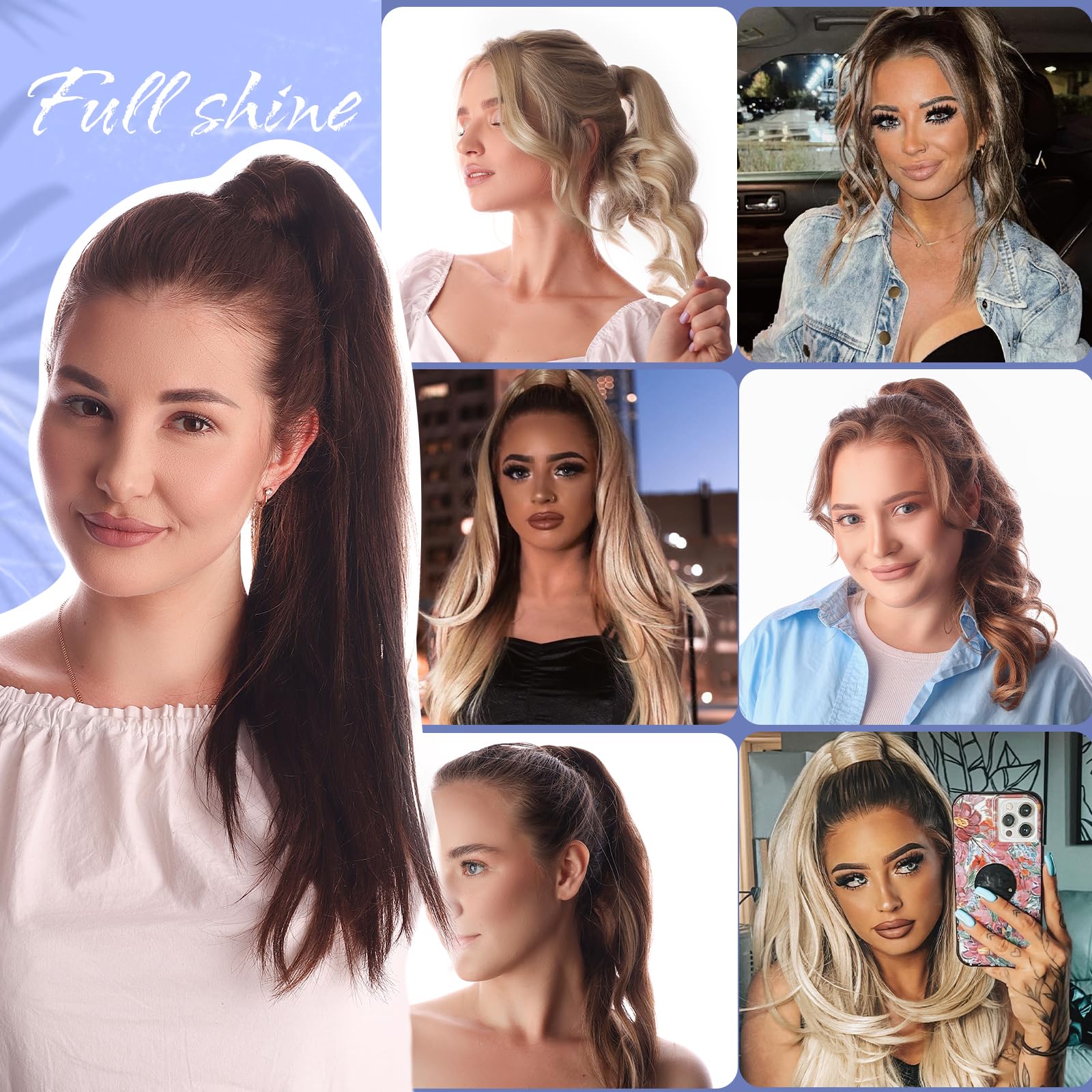 Full Shine 22 Inch Human Hair Ponytail Clip Ins - Medium Brown with Honey Blonde Highlights | 80g Real Human Hair Extensions for Women | Perfect for Parties, Weddings & Daily Styling