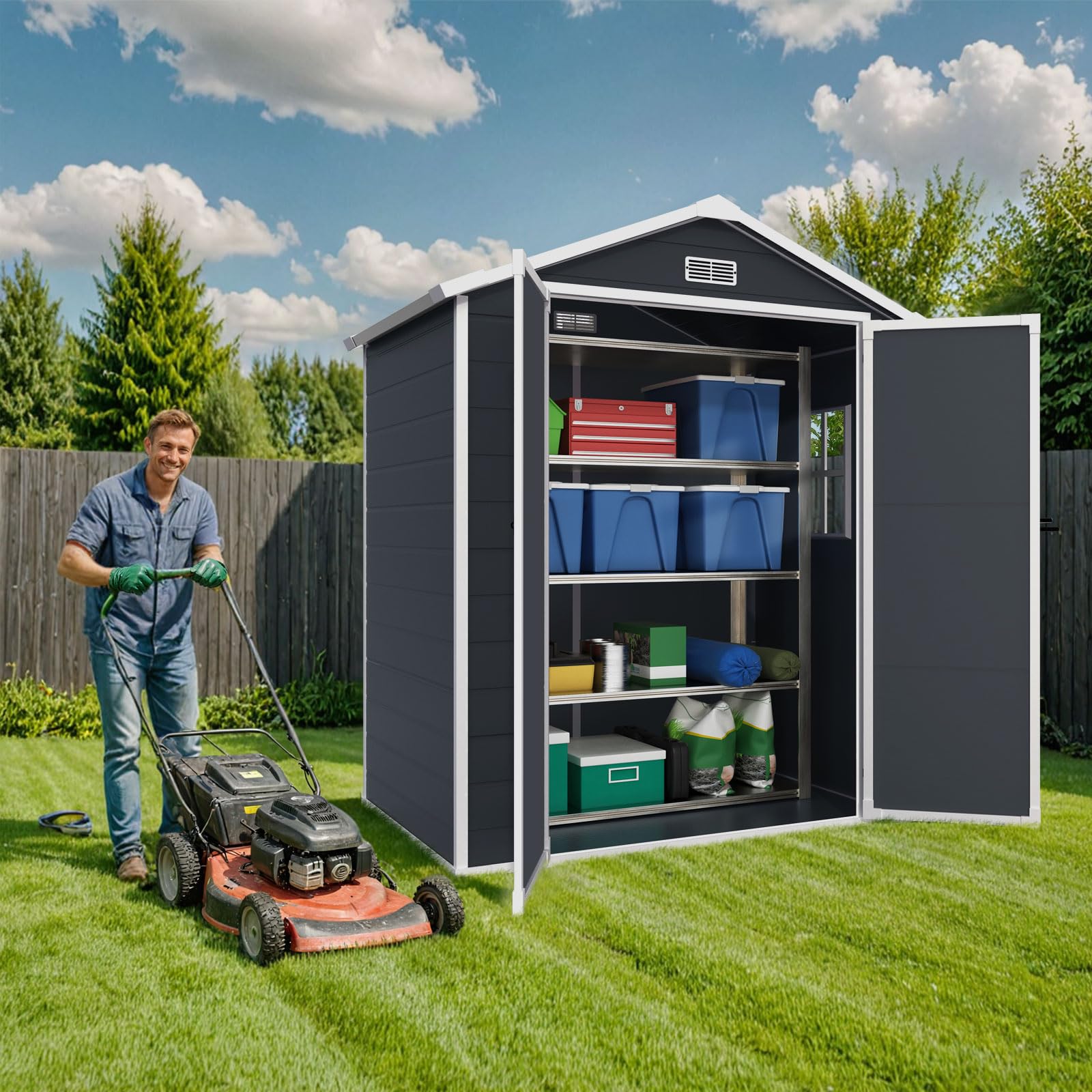 6x4.4FT Resin Outdoor Storage Shed - Waterproof Plastic Garden Shed with Floor & Lockable Doors for Patio, Yard, Lawn - Perfect for Storing Garden Tools, Pool Supplies & Outdoor Equipment (Dark Gray)