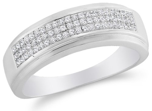 10K White Gold Diamond Three Rows Men's Wedding Band Ring - Micro Pave Set Round Diamonds (1/5 cttw) - Sonia Jewels - Perfect for Anniversary Gifts & Luxury Wedding Bands