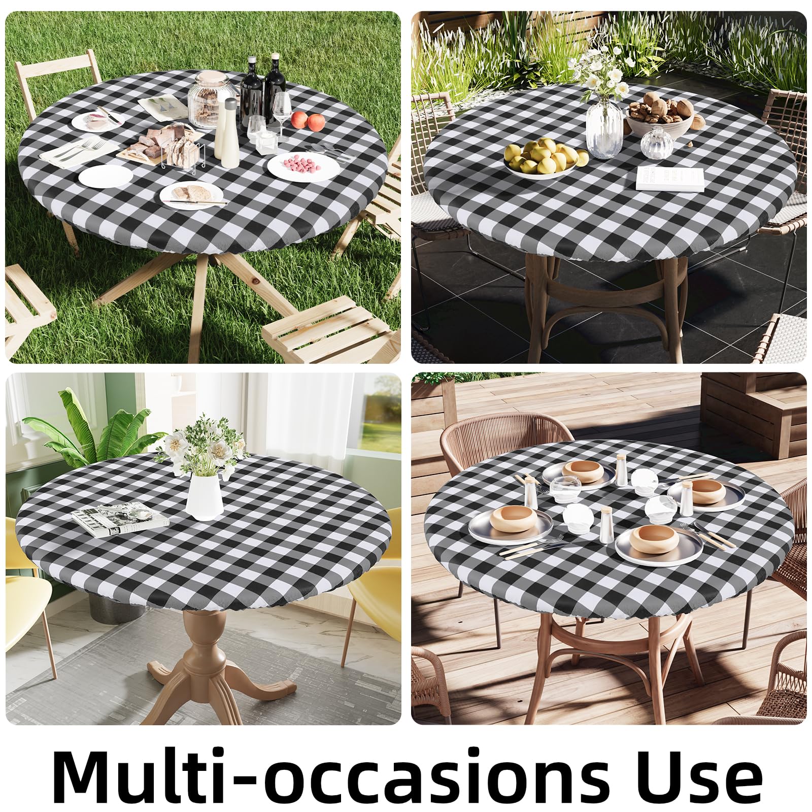 Smiry Round Elastic Waterproof Fitted Vinyl Tablecloth for 57-68 Inch Tables - Flannel Backed Buffalo Plaid Table Cover for Dining, Camping, Outdoor Use - Black and White Checkered Picnic Table Cloth Perfect for BBQs, Patio Parties & Picnics