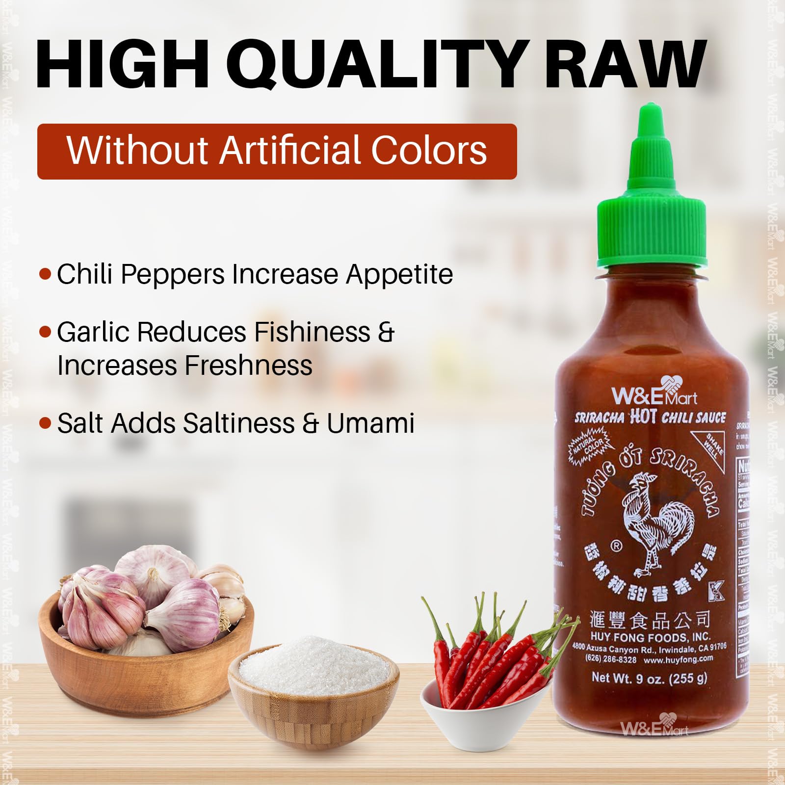 Huy Fong Sriracha Hot Chili Sauce - 9 oz (255g) Bottle | Spicy Chili Garlic Sauce for Cooking, Dipping & Asian Cuisine | Perfect for Pho, Ramen, Stir Fry & More