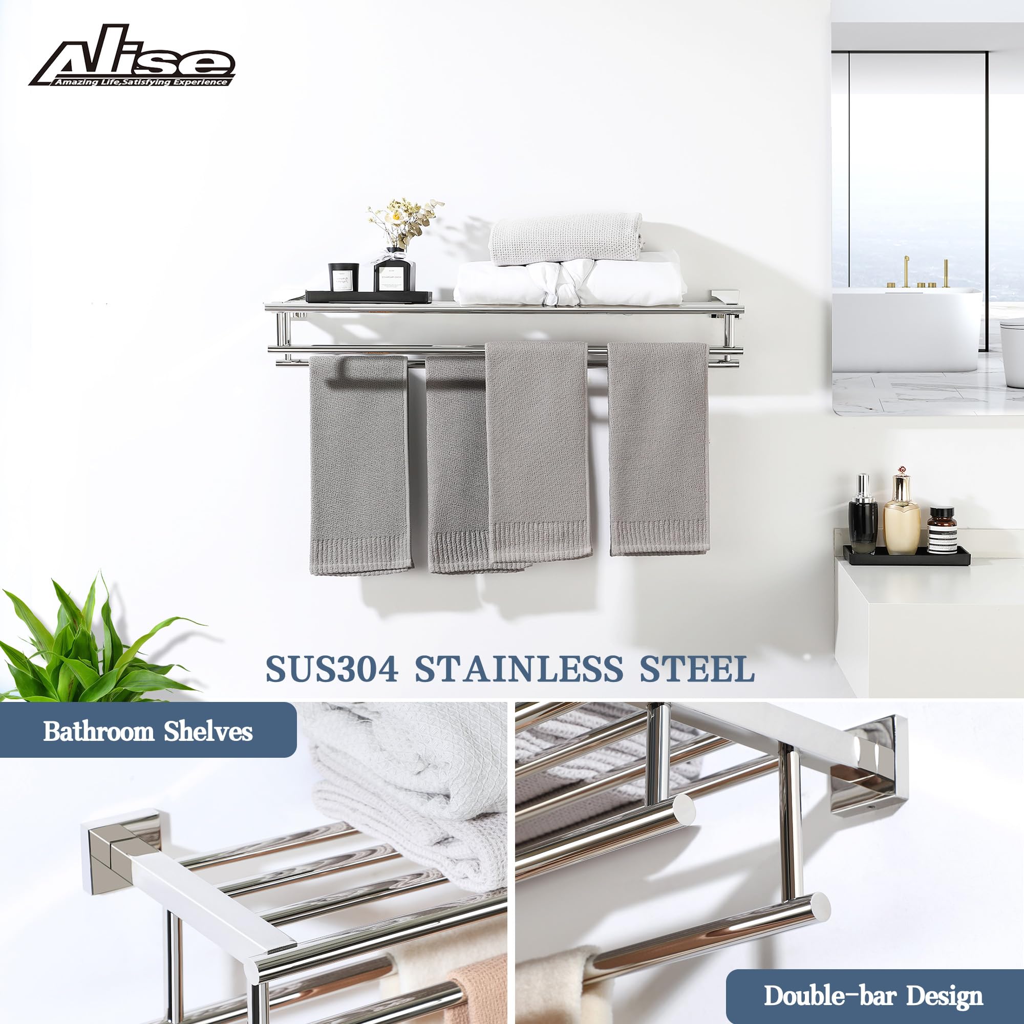 Alise 28 Inch SUS 304 Stainless Steel Wall Mount Towel Rack - Double Towel Bars Bathroom Hanger with Polished Chrome Finish | Perfect for Bathroom, Lavatory & Spa Decor