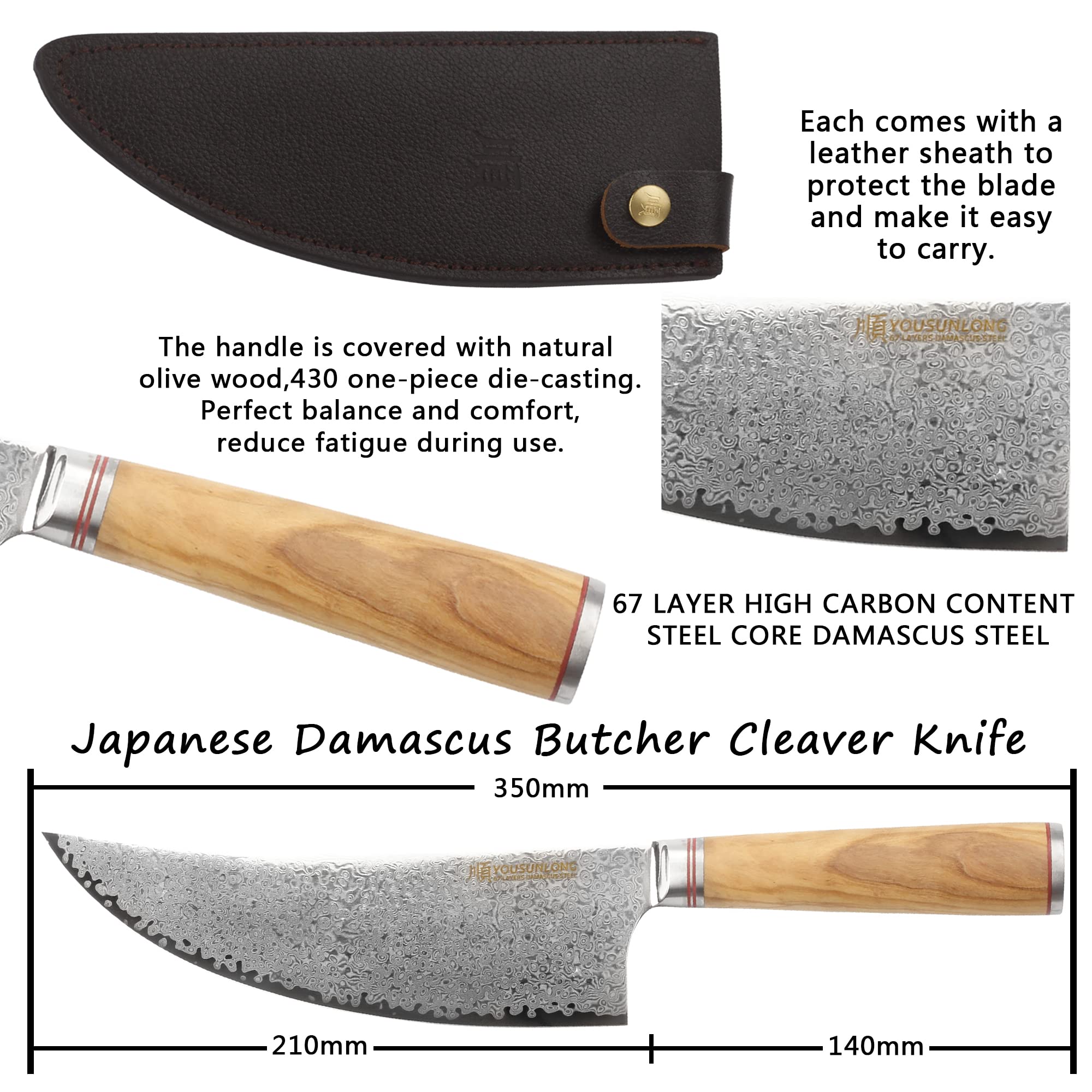 YOUSUNLONG 8'' Damascus High Carbon Steel Butcher Cleaver Knife with Italian Olive Wood Handle & Leather Sheath - Professional Meat Cleaver for Cutting Beef, Pork, BBQ - Perfect for Home Kitchens, Butcher Shops, and Outdoor Grilling