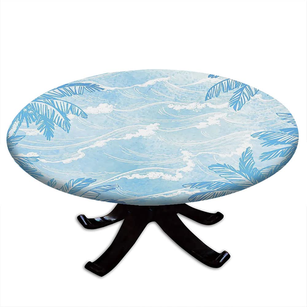 Ocean Themed Round Tablecloth with Elastic Edge - 3D Printed Marine Design for 32 Inch Dining Tables - Perfect for Buffet Parties, Camping & Outdoor Dining