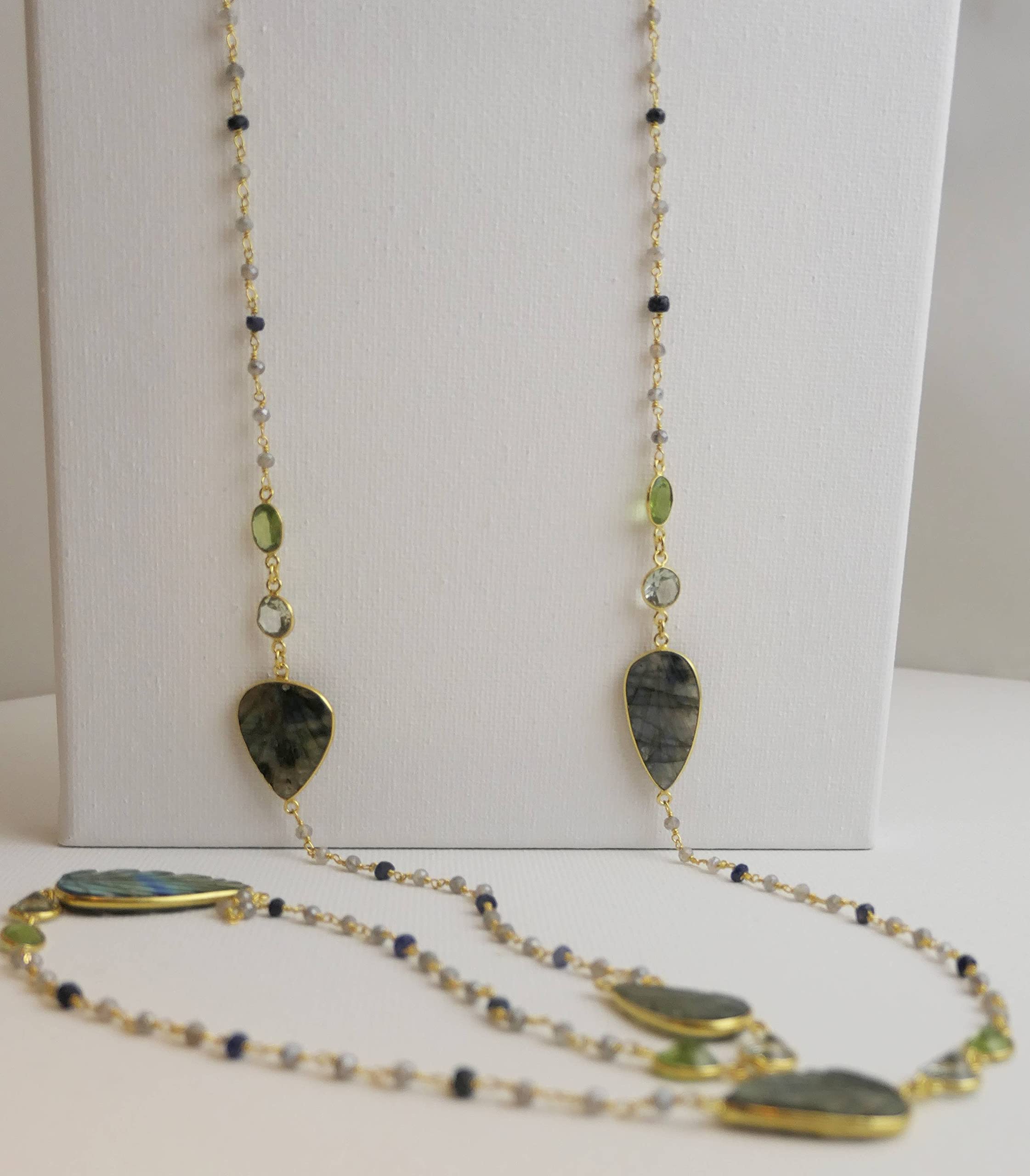 Handmade Labradorite Blue Topaz Peridot Gold Plated Sterling Silver Necklace 107cm - Natural Gemstone Jewelry for Women | Perfect Birthday, Bridal, Wedding & Mother's Day Gift - Elegant Everyday Wear & Special Occasion Accessory