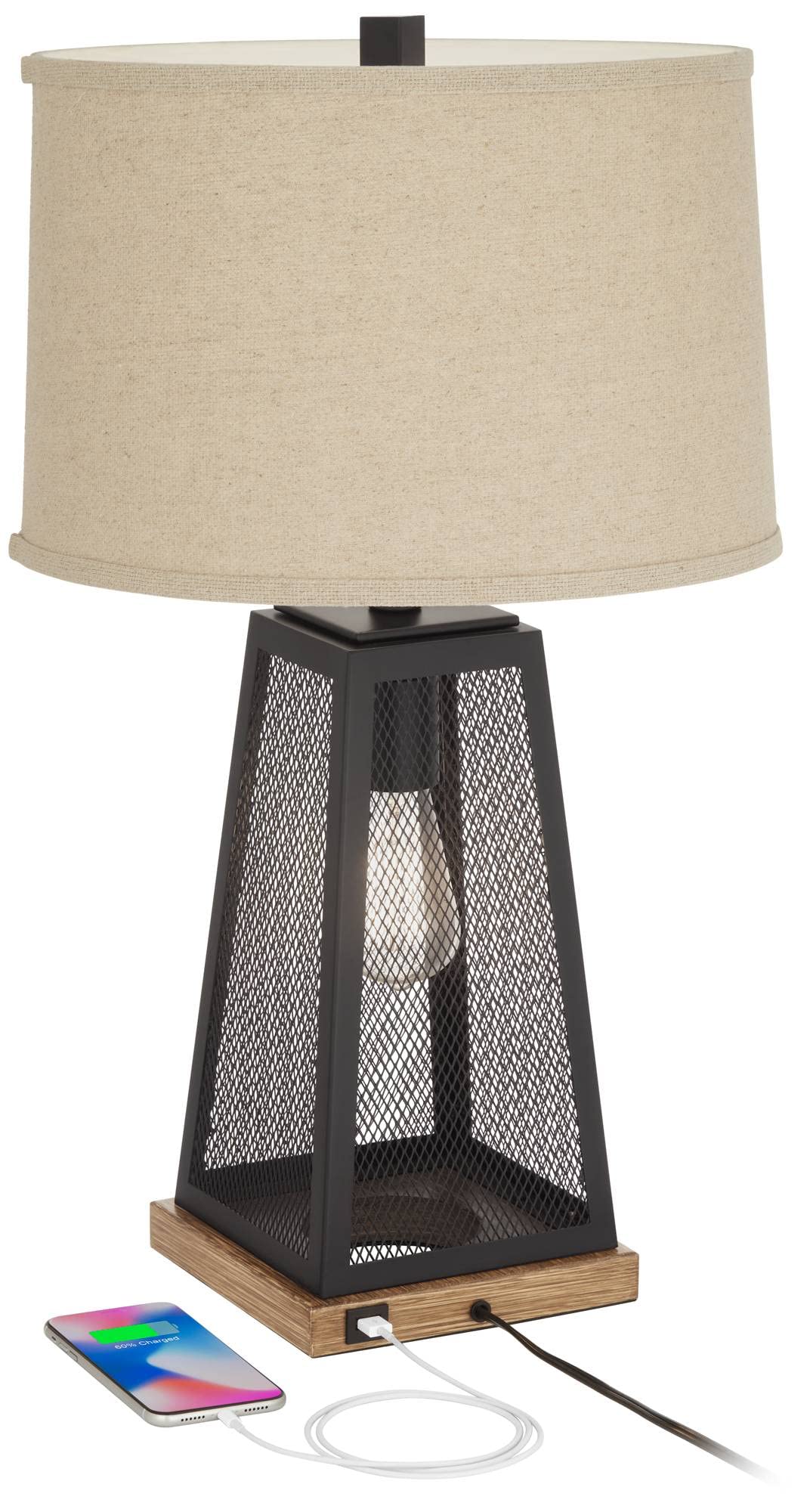 Franklin Iron Works Barris Rustic Industrial Table Lamp with USB Port & Nightlight - 26.75