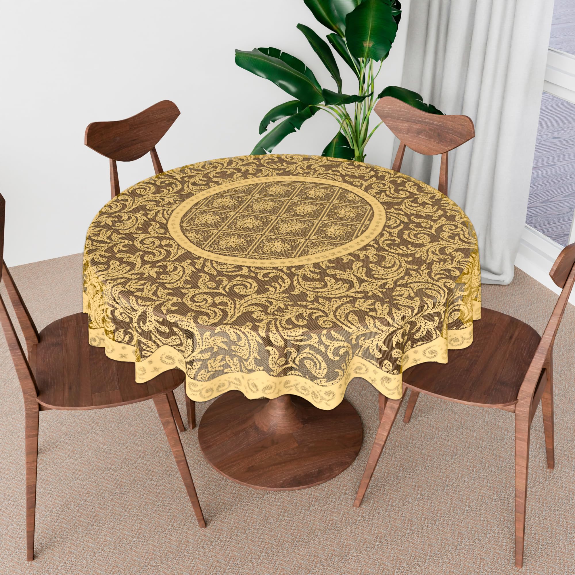 Kuber Industries 40x40 Inch Round Table Cover - Golden Leaf Design Tablecloth for Coffee, Kitchen, Dining & Hall Décor | Waterproof & Washable Tabletop Cover for Indoor & Outdoor Use