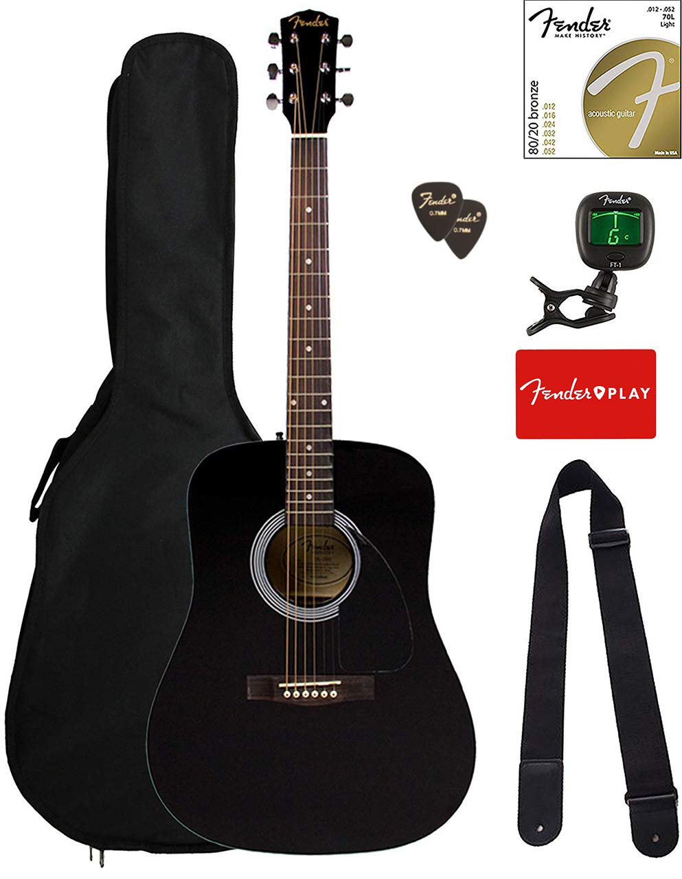 Fender FA-115 Dreadnought Acoustic Guitar Bundle - Black with Gig Bag, Tuner, Strings, Strap & Picks | Perfect for Beginners, Campfires & Live Performances