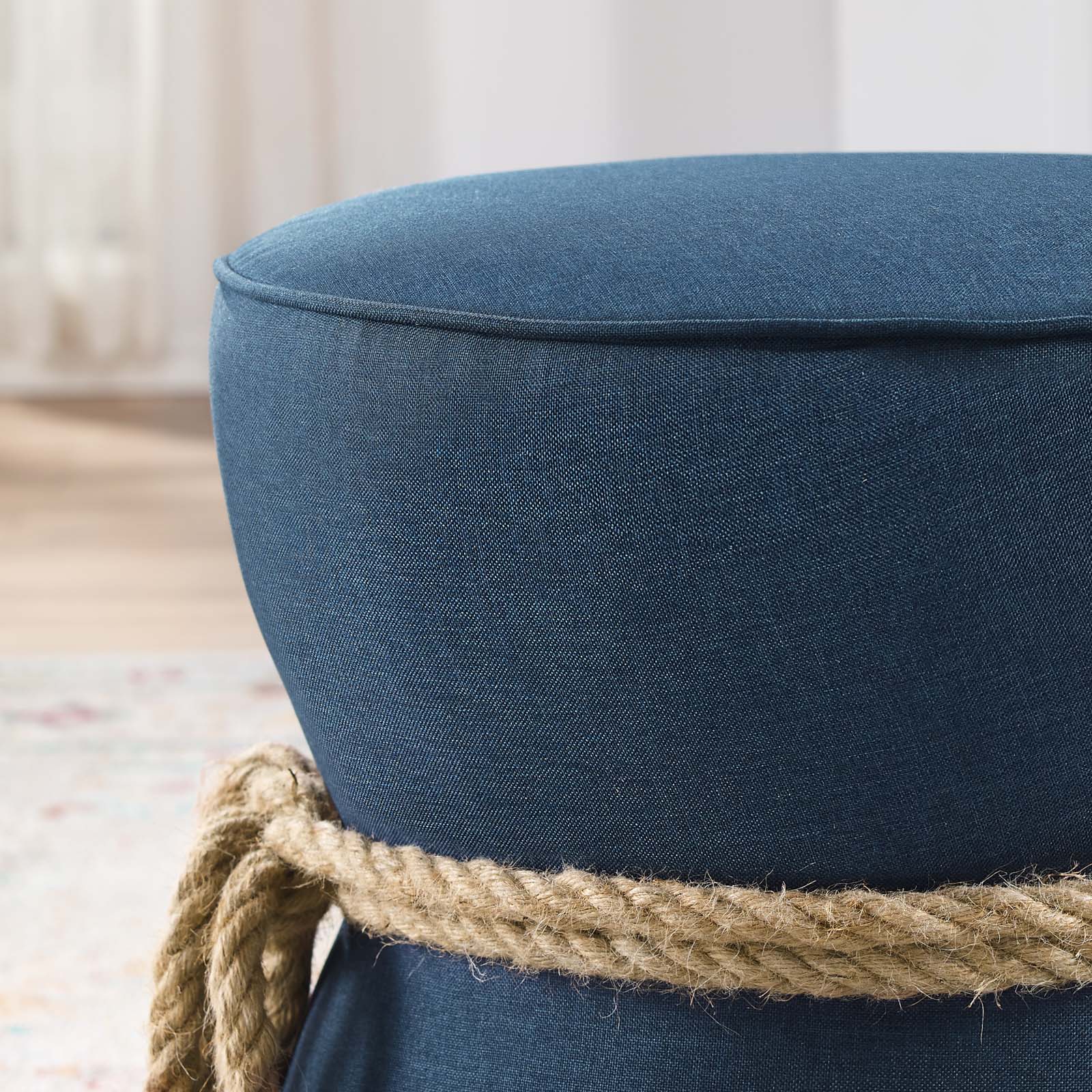 Nautical Rope Upholstered Fabric Ottoman Stool - Coastal Style Footrest with Storage for Living Room, Bedroom & Porch Decor