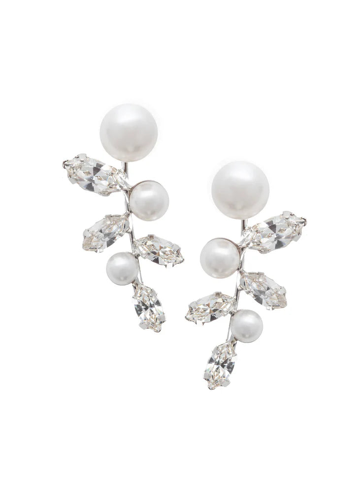 Elizabeth Bower Pearllum Crystal & Pearl Stud Earrings - Rhodium Plated Silver Jewelry for Women - Elegant Gift for Brides, Parties & Special Occasions