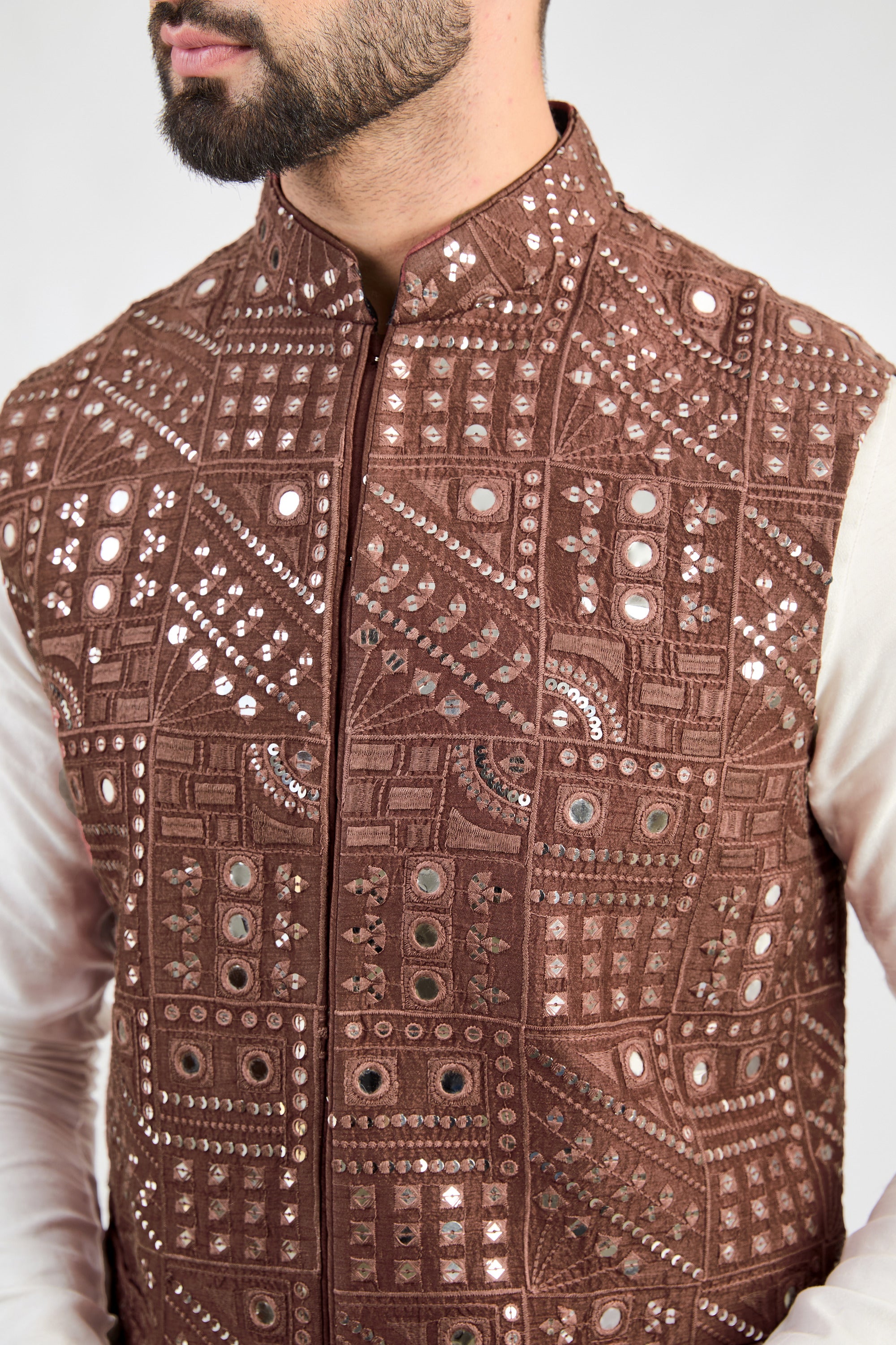 Stylish Mauve Taupe Abstract Mirror Work Jacket for Women - Perfect for Casual Outings, Parties & Boho Fashion