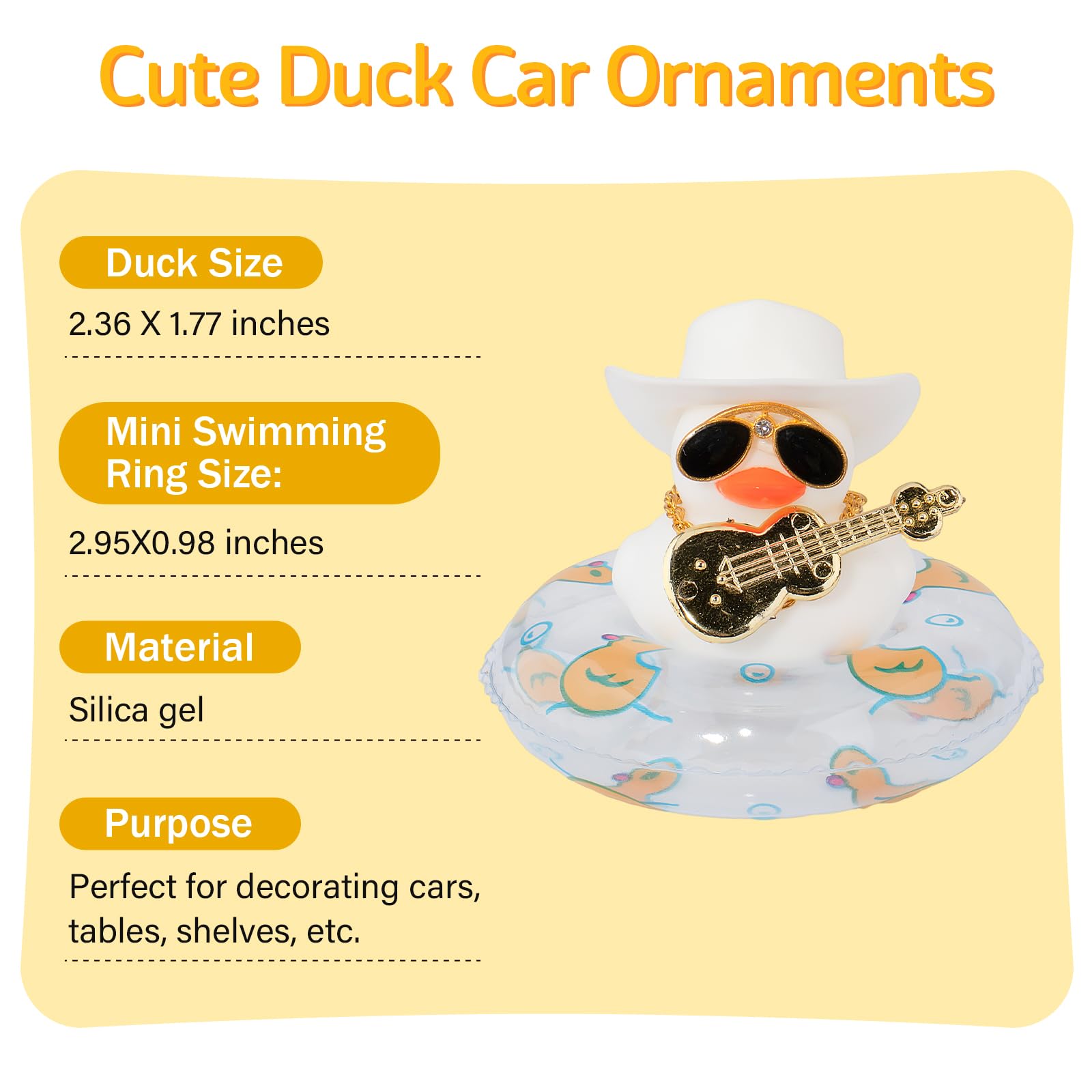 Wonuu Car Dashboard Rubber Duck Decoration - Fun Car Accessory with Mini Hat, Necklace, Sunglasses & Musical Instrument (White Cowboy Hat Style) - Perfect for Car Interior Decoration, Gifts & Road Trip Fun