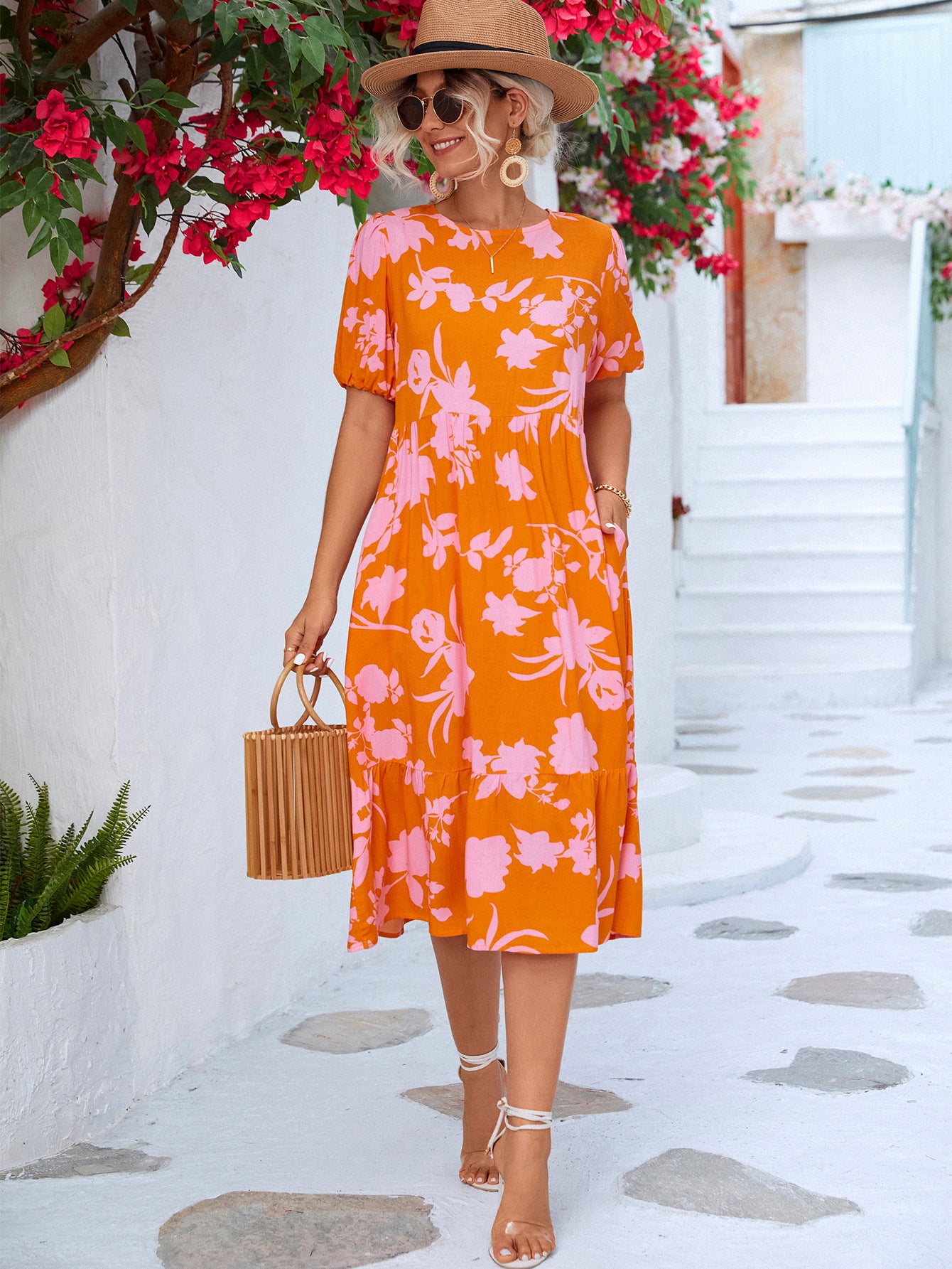 Floral Ruffle Hem Resort Midi Dress - Women's Summer Beach Vacation Dress for Tropical Getaways, Pool Parties & Boho Outfits