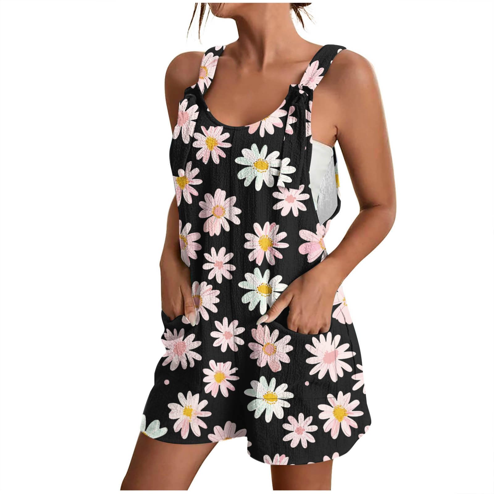 Women's Daisy Sunflower Romper - Casual Summer Jumpsuit with Pockets | Beach & Outing Wear
