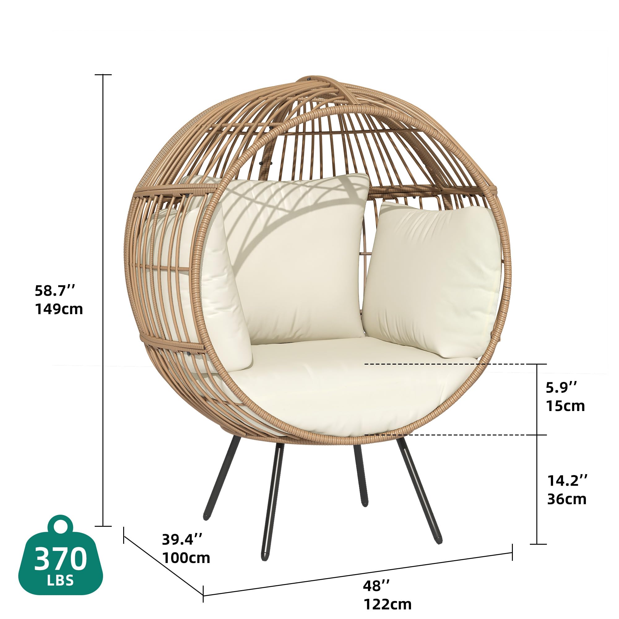 YITAHOME Oversized Wicker Egg Chair for Outdoor & Indoor Use - 370lbs Capacity, Includes Stand & Cushion - Round Basket Lounger for Patio, Balcony, Bedroom - Beige - Perfect for Relaxing, Reading & Sunbathing