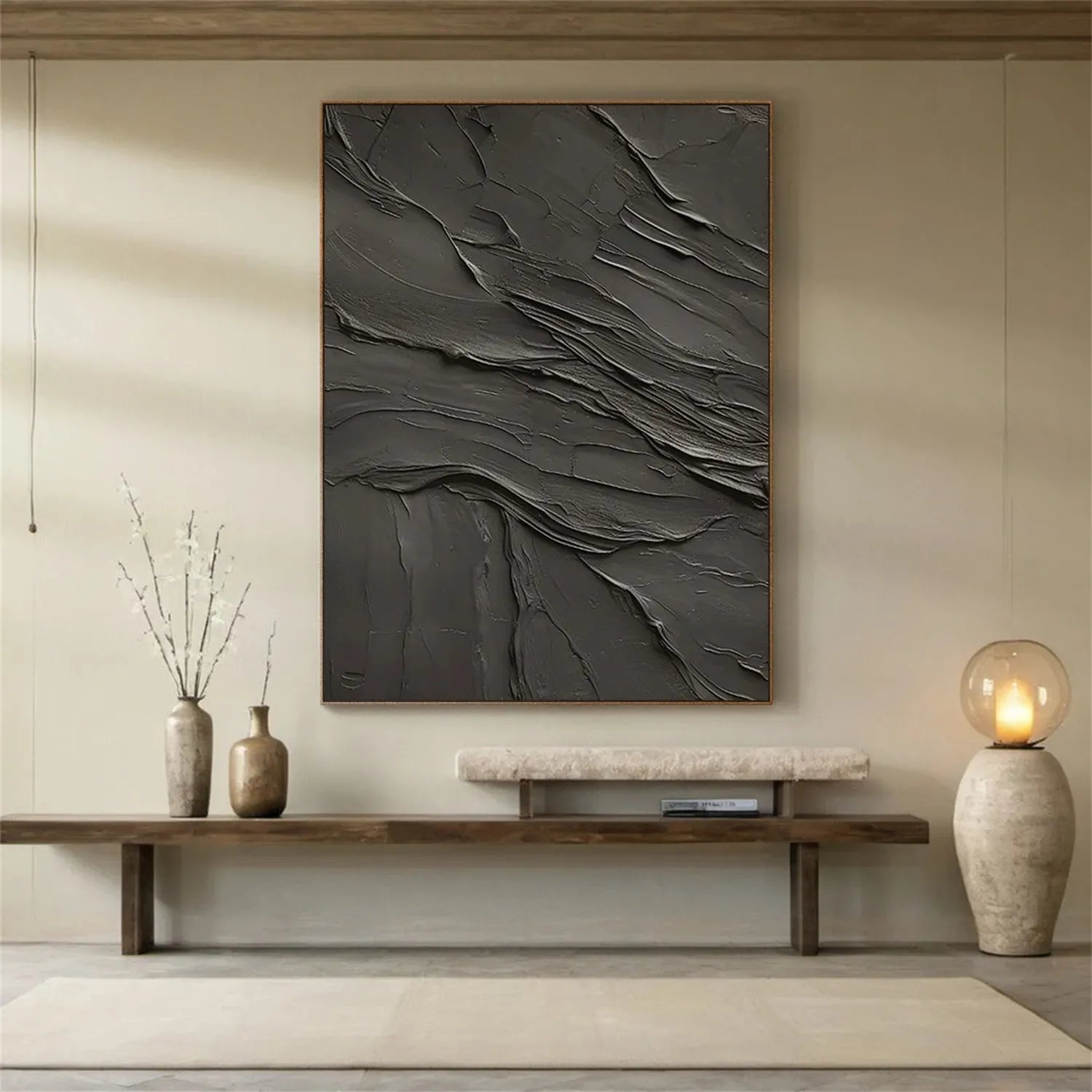 Black Plaster Art Minimalist Textured Painting - Modern Abstract Wall Decor for Living Room, Bedroom & Office | Contemporary Home Artwork #MZ111