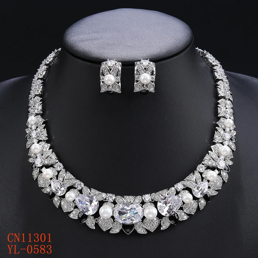 Luxury Cubic Zirconia Pearl Necklace & Earrings Set for Women - Elegant Bridal Wedding Jewelry - Perfect for Weddings, Parties, and Special Occasions