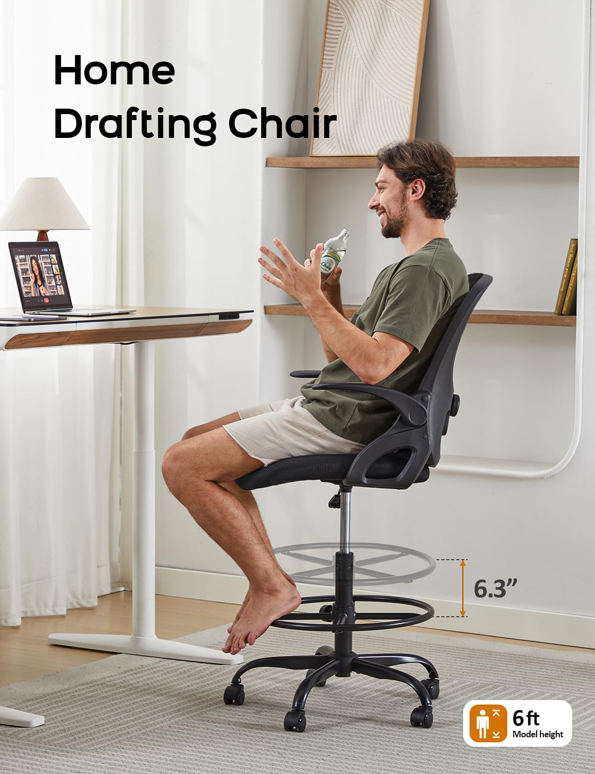 Ergonomic Drafting Chair with Flip-Up Armrests & Adjustable Footrest - Tall Office Chair for Standing Desks - Comfortable Lumbar Support Computer Chair for Bar Height Workstations (White-Green) - Perfect for Architects, Artists, and Home Office Workspaces