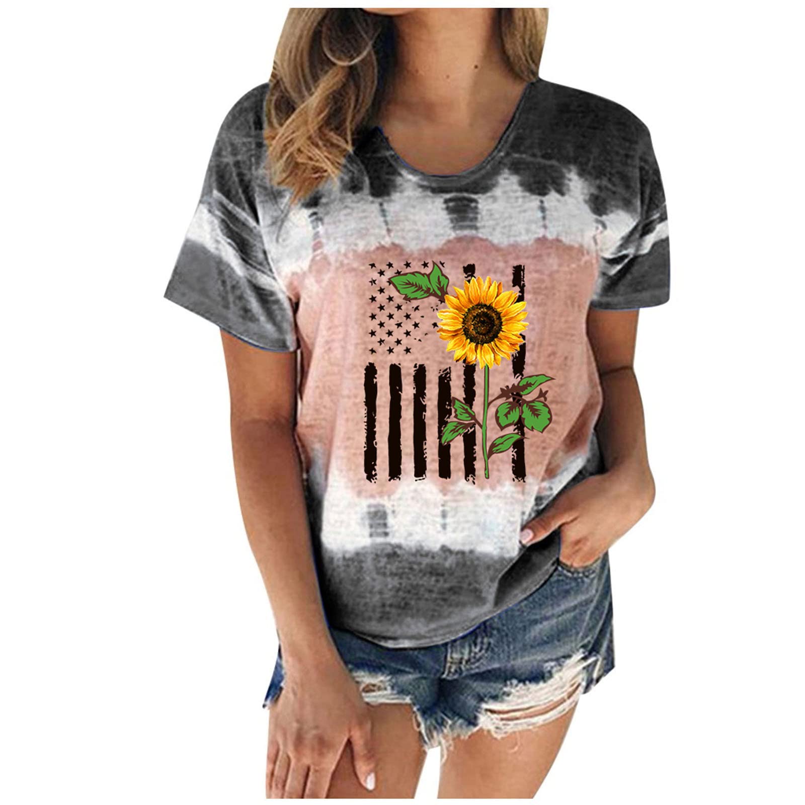 Plus Size Striped Floral Vintage T-Shirts for Women - Short Sleeve Workout Tops with Independence Day Graphic - Casual Wear, Gym, and Holiday Celebrations