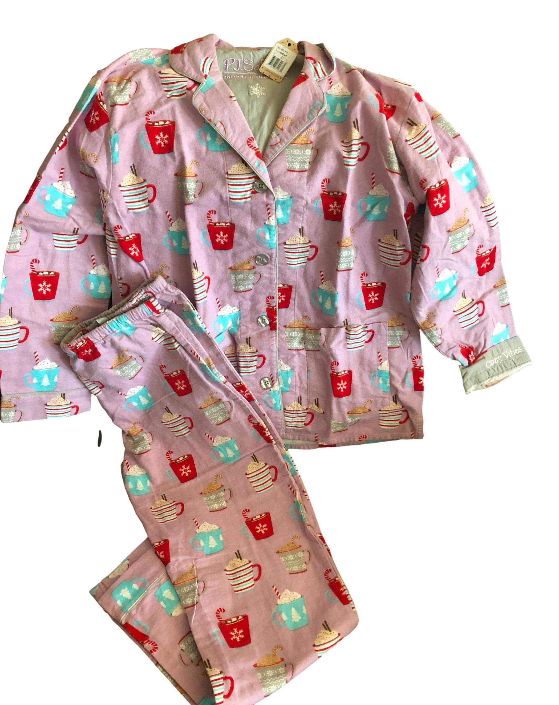 Women's Soft Cotton Pajama Set - Long Sleeve Top & Pants Cozy Winter Sleepwear | PJ Salvage Hot Cocoa Lavender Print | Perfect for Lounging, Sleeping & Relaxing at Home | Ideal for Cold Nights, Christmas Gifts & Spa Days (Small)