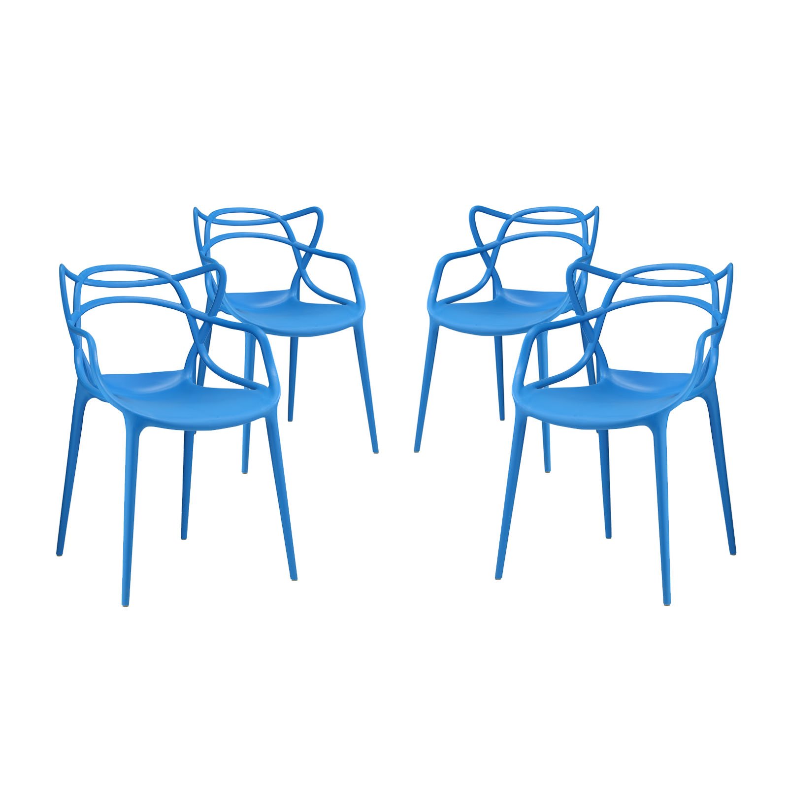 Modway Entangled Modern Molded Plastic Dining Chairs Set of 4 - Blue Stackable Armchairs for Kitchen, Dining Room & Outdoor Patio