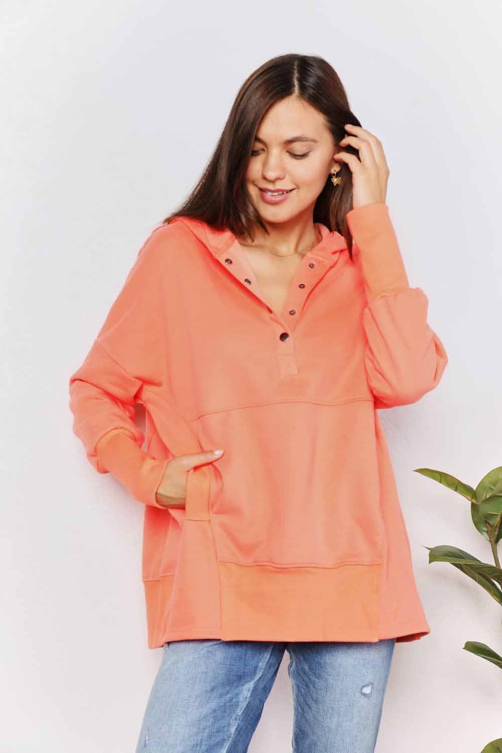 Quarter Snap Dropped Shoulder Hoodie in Tangerine | Trendy Oversized Pullover Sweatshirt for Women & Men | Perfect for Casual Wear, Street Style & Loungewear