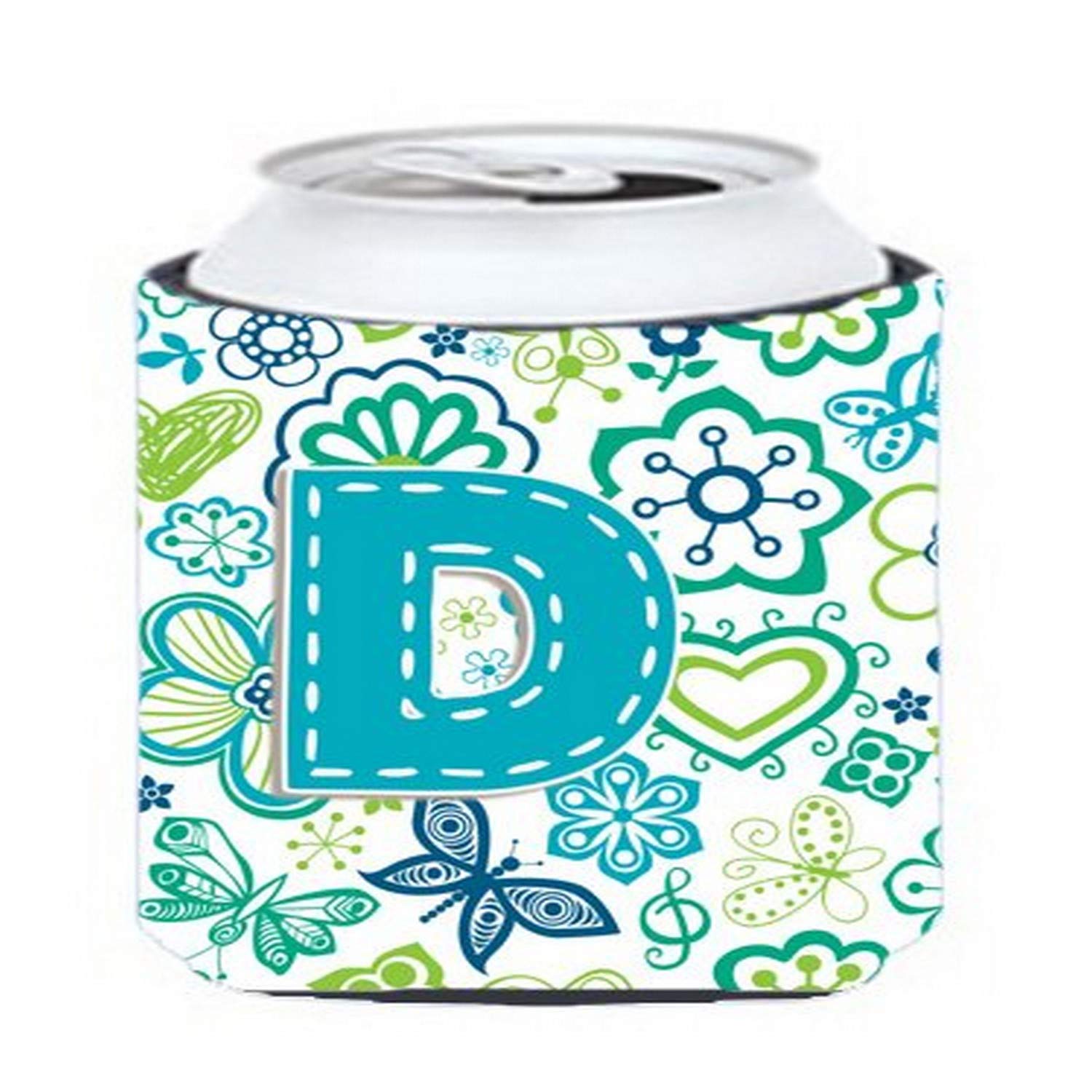 Letter D Flowers and Butterflies Teal Blue Can or Bottle Hugger - Insulated Sleeve for Beer, Soda & Water Bottles - Perfect for Parties, Picnics & Outdoor Events
