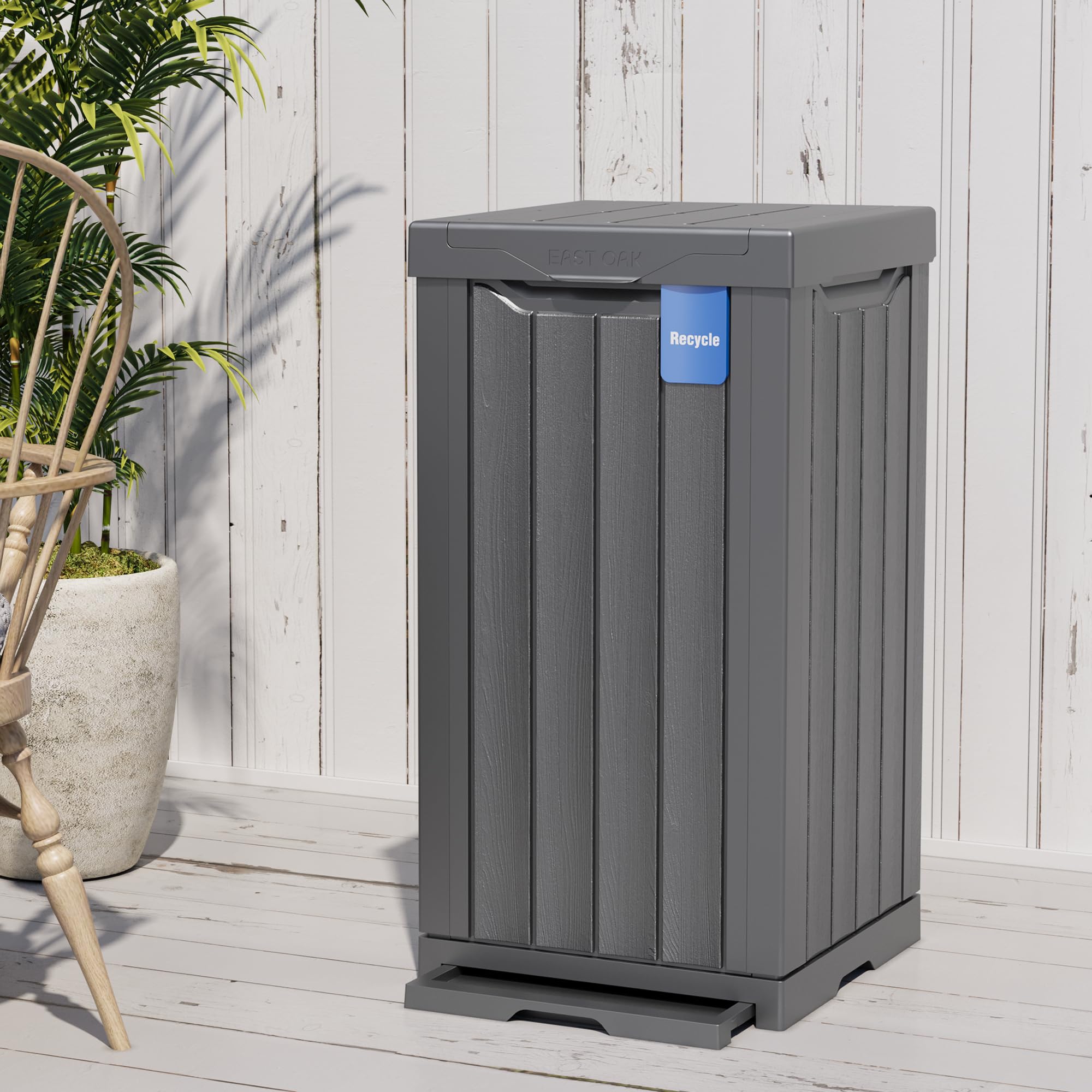 EAST OAK 31 Gallon Outdoor Trash Can - Waterproof Resin Garbage Bin with Recycle & Trash Labels, Secure Bag Lock & Drip Tray | Heavy Duty Patio, Backyard, Deck & Kitchen Waste Container | Ideal for Outdoor Parties, BBQ, Camping & Home Use | Gray