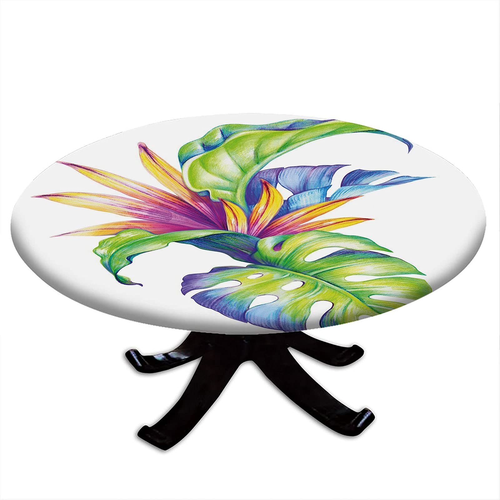 Elastic Round Tablecloth with Tropical Monstera Leaf & Hawaiian Floral Print - Fits 43