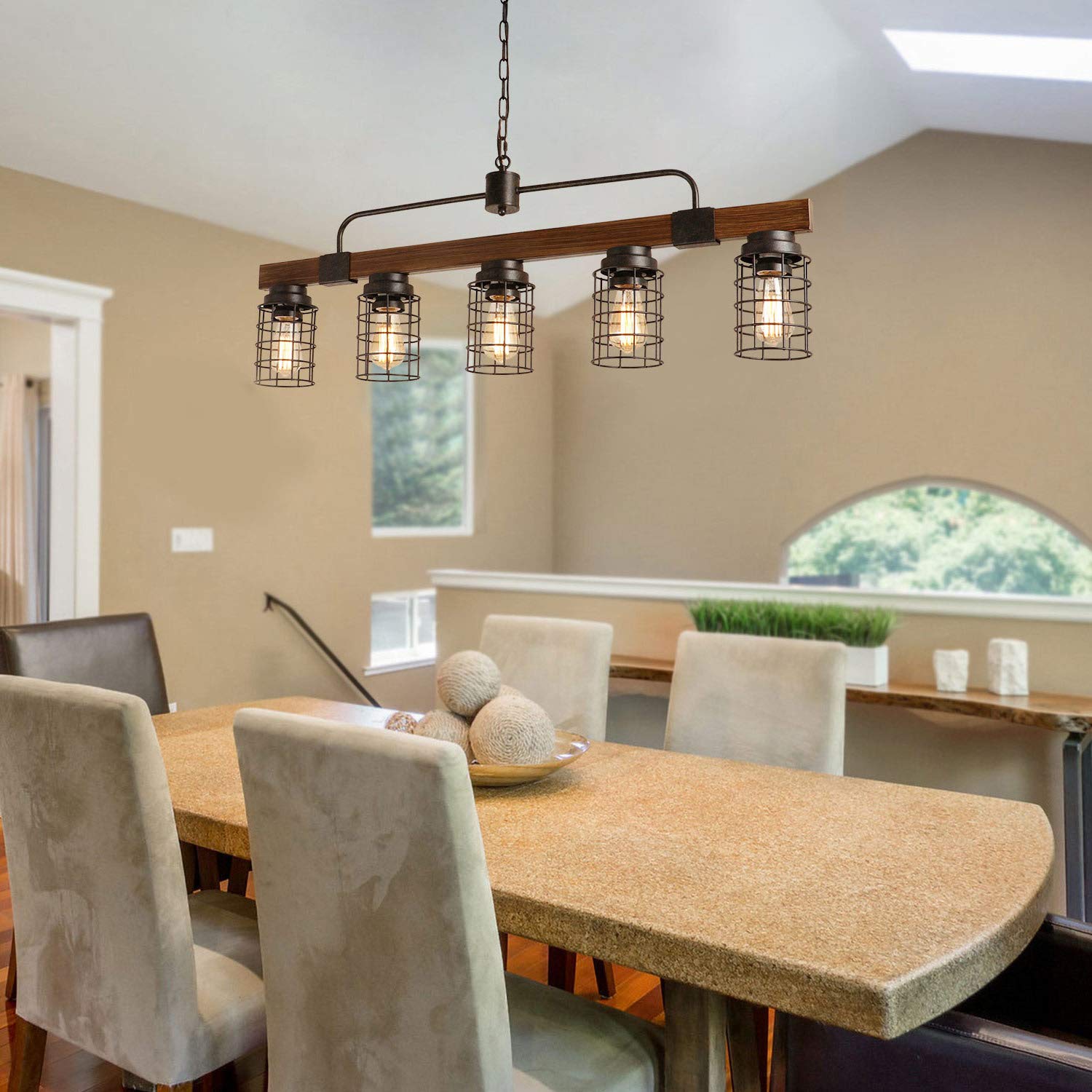 Giluta 5-Light Industrial Linear Kitchen Island Chandelier - Rustic Metal Mesh Cage Farmhouse Pendant Light Fixture for Kitchen, Dining Room, Pool Table & Living Room | Perfect for Farmhouse Decor, Restaurant Lighting & Modern Home Interiors