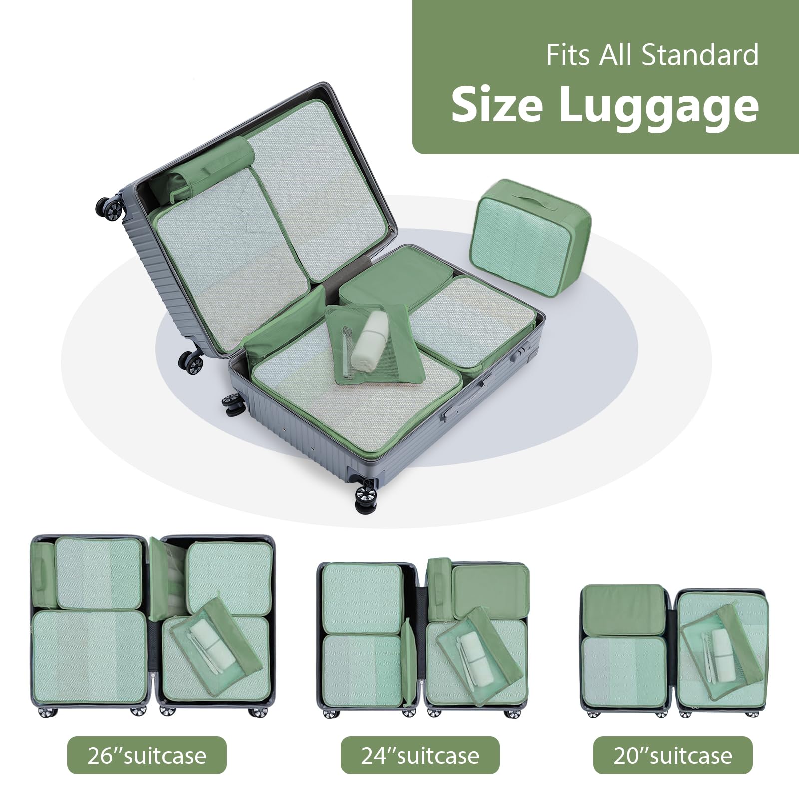 9-Piece Travel Packing Cubes Set - Large Suitcase Organizer with Laundry Bag, Shoe Bag & Toiletry Bag (Matcha Green) | Perfect for Business Trips, Vacations & Weekend Getaways