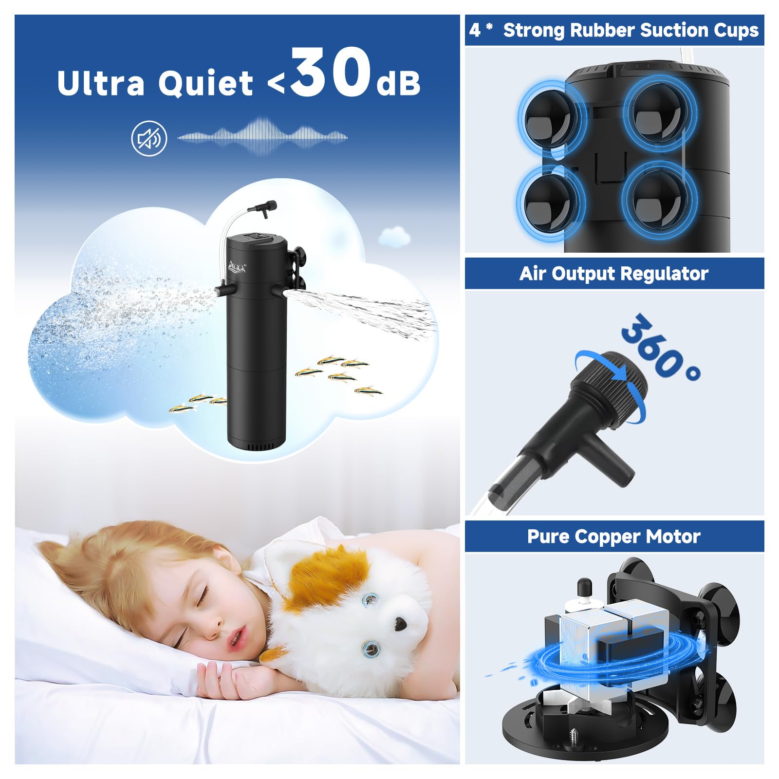 AQQA 200GPH Submersible Aquarium Filter with Dual Water Outlet & Aeration - Adjustable Air Flow for 40-80 Gallon Fish Tanks - Filtration, Oxygenation & Water Circulation Pump (8W) - Perfect for Freshwater & Saltwater Aquariums, Fish Breeding & Aquatic Plant Tanks
