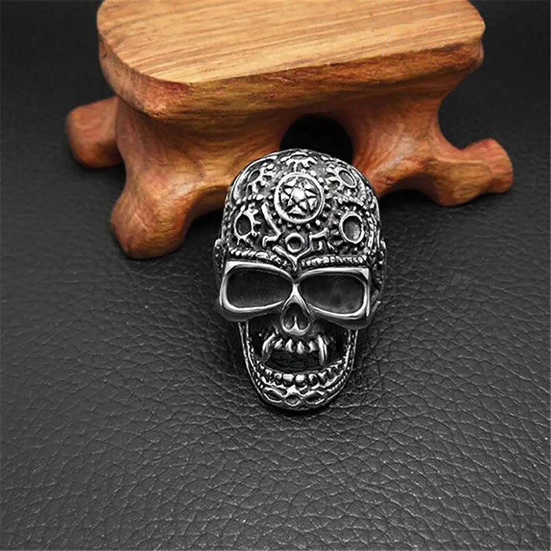 GoSteel Men's Gearhead Skull Ring - Stainless Steel Gothic Punk Jewelry for Bikers & Rock Fans - Perfect for Motorcycle Rides, Concerts & Edgy Fashion