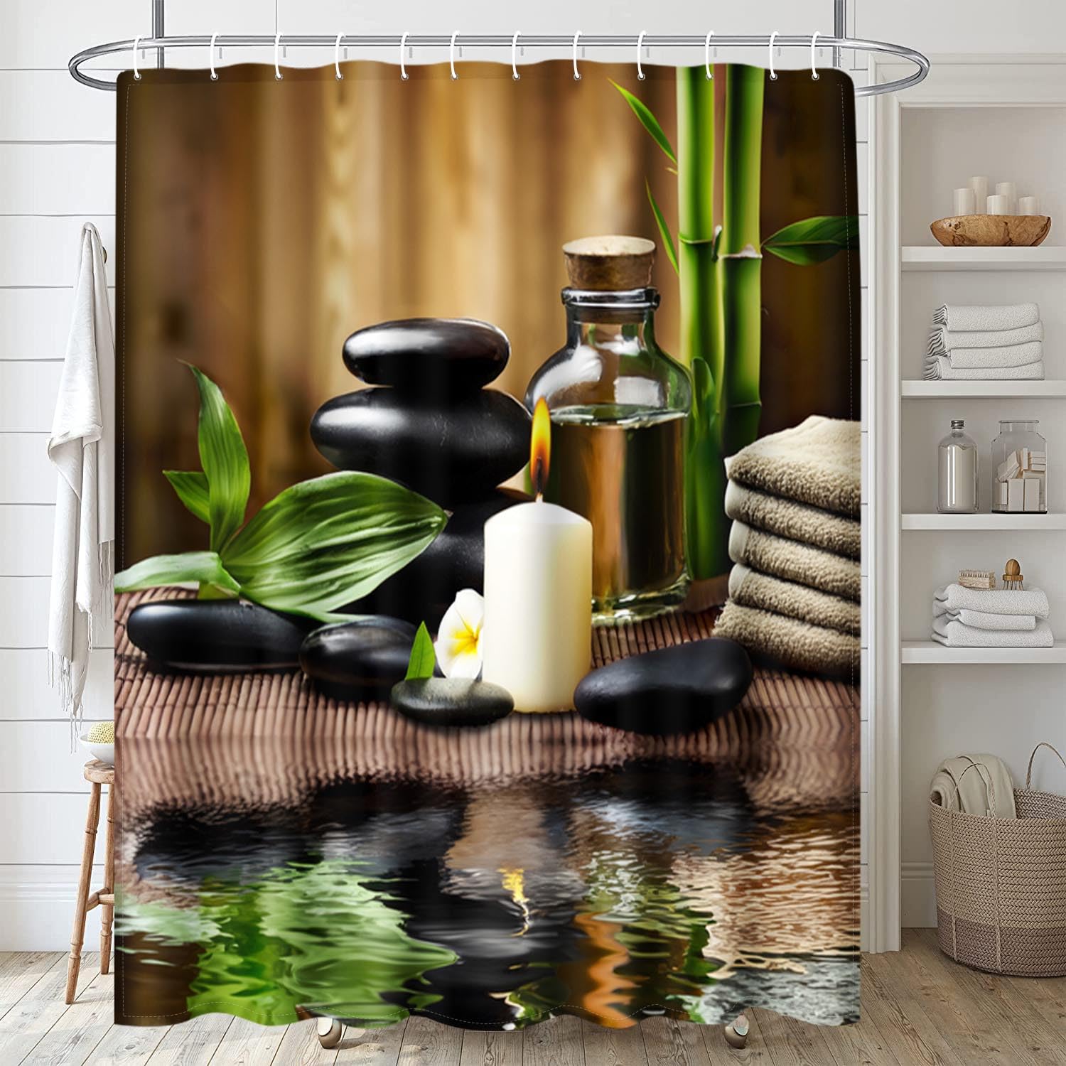 ArtSocket Spa Bamboo Bathroom Set - 4 Piece Shower Curtain, Rug & Accessories | Natural Oil Wood Massage Candle, Modern Water Bamboo Design in Tropical Green | Perfect for Bathroom Decor, Relaxing Spa Experience & Tropical Themed Home