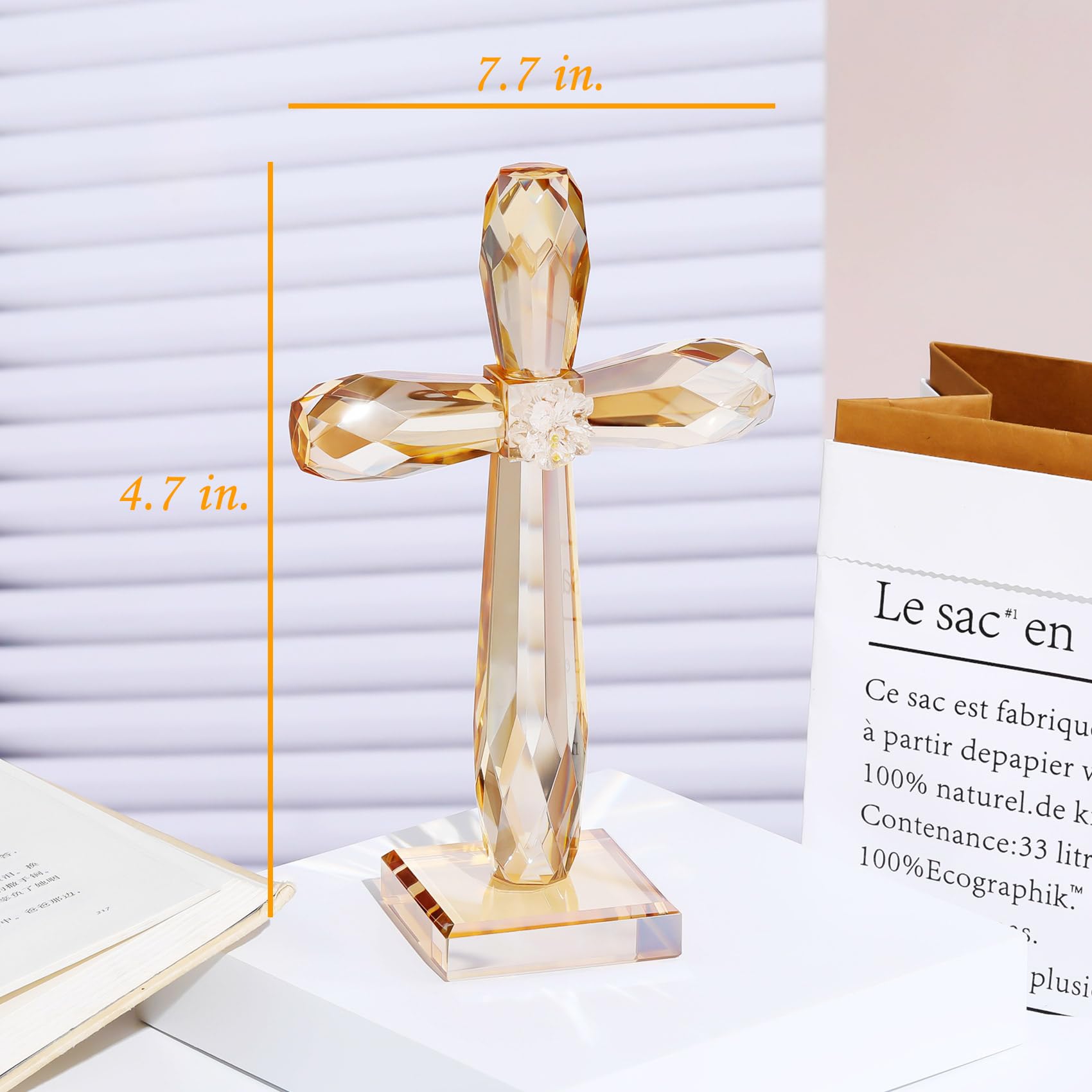 YWHL Handmade Champagne Crystal Standing Cross Figurine - Religious Gift for Women & Men, Christian Home & Office Decor, Easter Cross Collectible - Perfect for Prayer Spaces, Wedding Favors & Spiritual Gifts