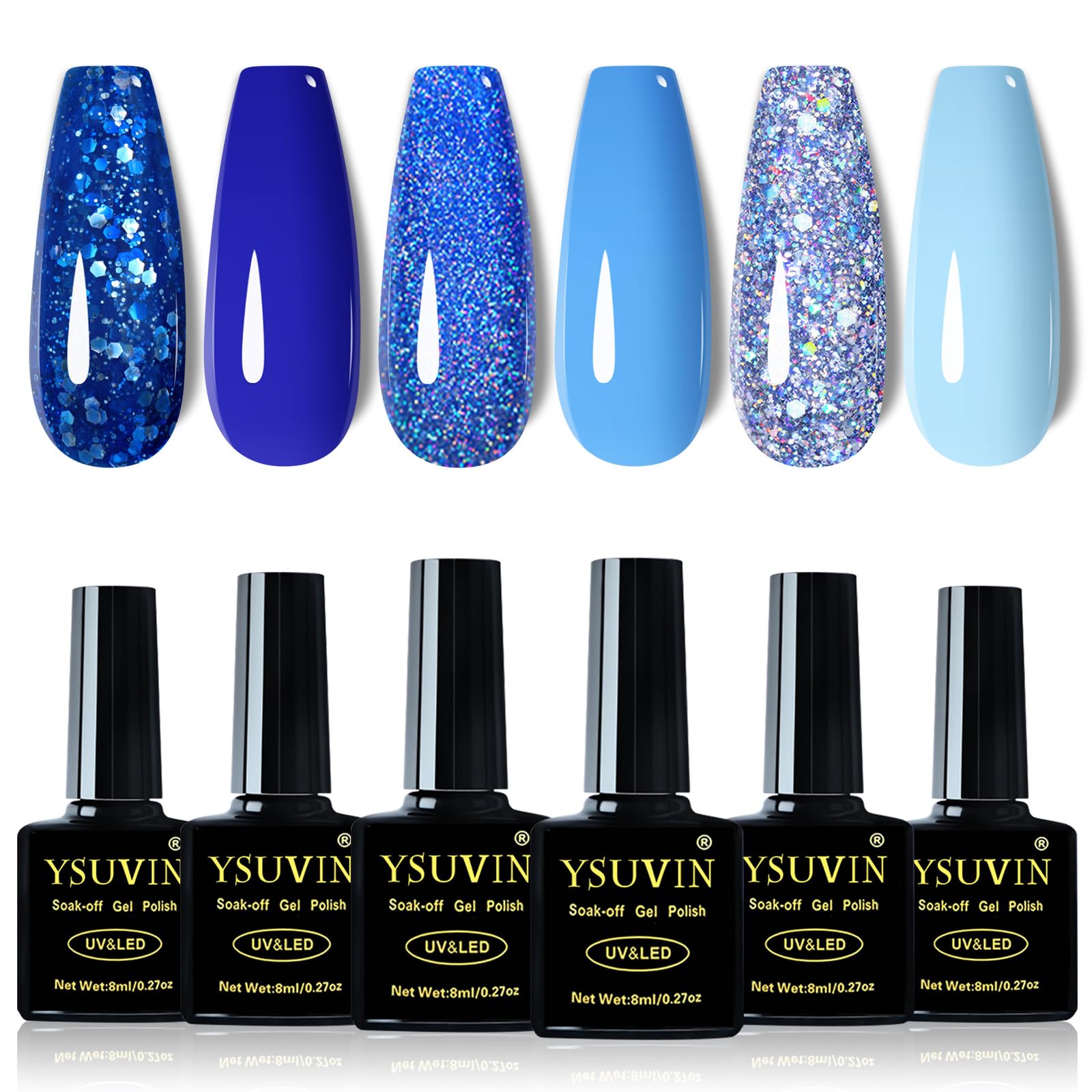 6 Colors Blue Gel Nail Polish Set - Dark Blue Glitter, Ocean Silver Sparkle Diamond Soak Off Gel Polish for Manicure | Long Lasting Nail Varnish Kit for Women | Perfect for Home Salon, Parties & Special Occasions (6x8ml)
