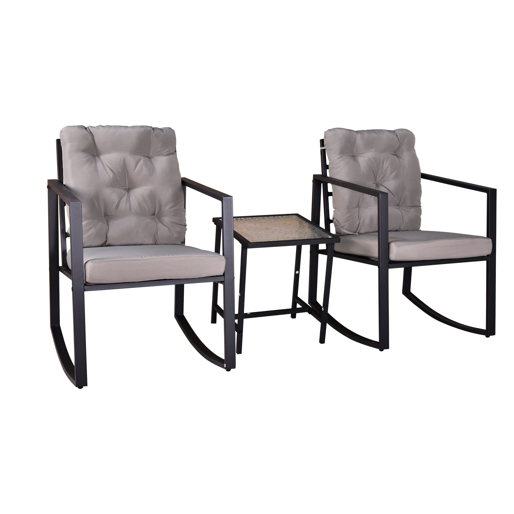 Modern Outdoor Patio Furniture Set - 2 Cushioned Rocking Chairs & 1 Coffee Table - Gray Conversation Set for Garden, Yard, Bistro & Backyard Relaxation | Weather-Resistant & Comfortable for Outdoor Dining & Lounging