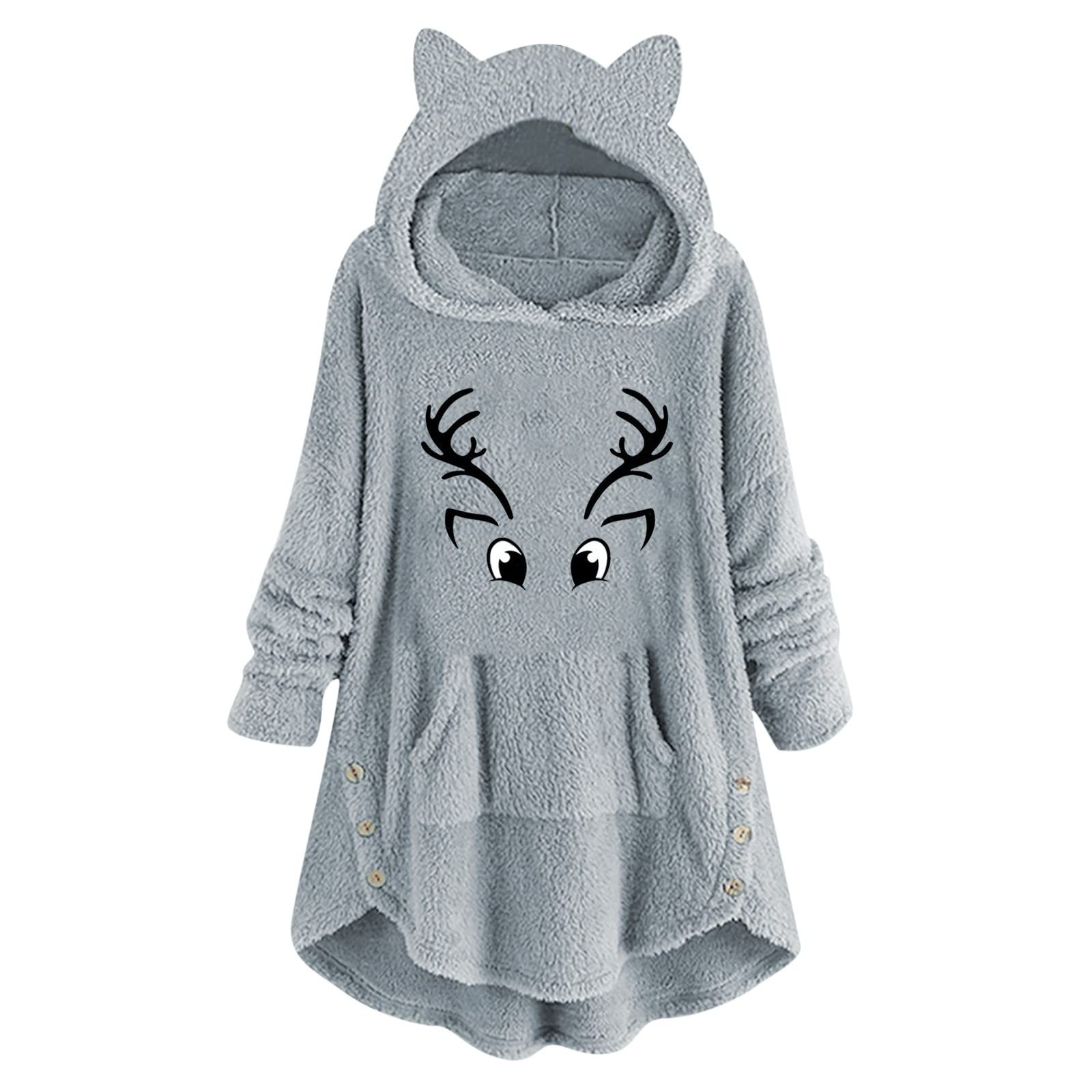 Women's Casual Cat Ears Plush Hooded Jacket with Printed Buttons - Cozy Long Sleeve Fleece Coat for Winter, Loungewear, and Cute Outfits