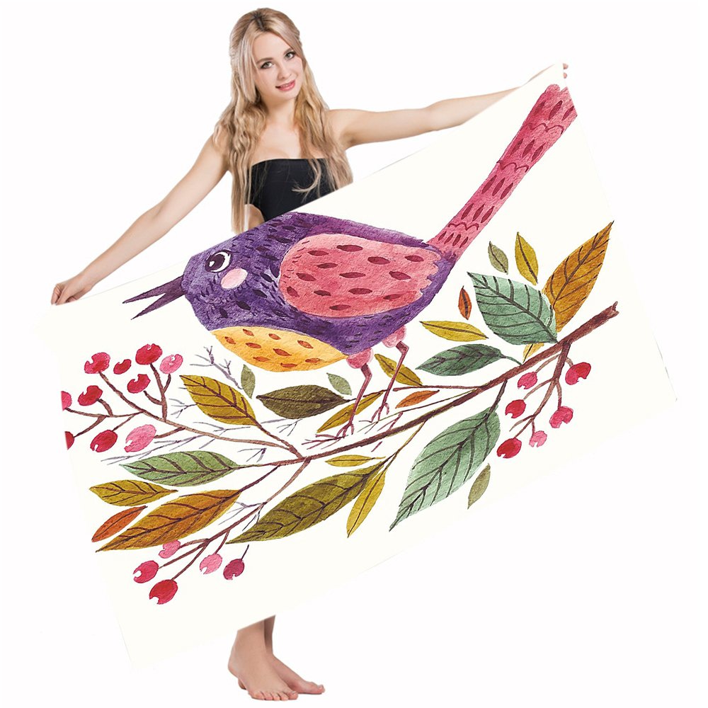 Mugod Quick-Drying Bath Towel 32x64 Inches - Soft Cotton Polyester Blend for Home, Bathroom, Pool & Gym | Cute Watercolor Bird & Leaf Design in Purple & Green | Perfect for Beach, Travel & Spa Relaxation