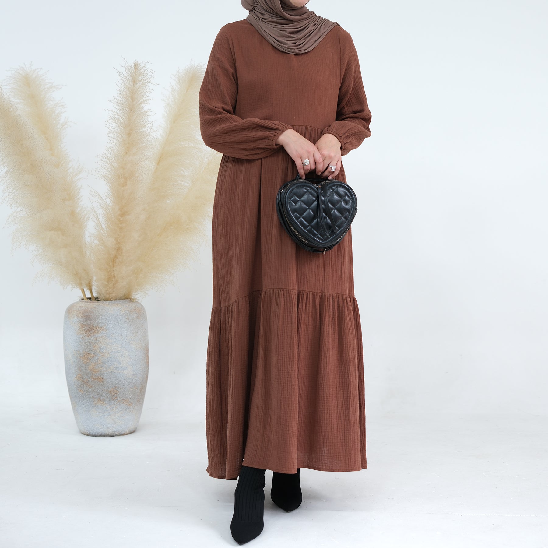 Long Sleeve Prairie Maxi Dress in Brown - Boho Chic Flowy Dress for Women, Perfect for Fall Weddings, Date Nights & Casual Outings