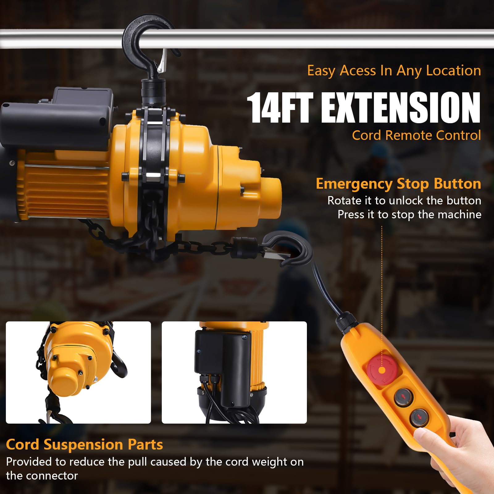 1 Ton (2200 Lbs) Electric Chain Hoist Winch - Single Phase Overhead Crane Hoist with Emergency Stop | 13Ft Max Lift Height | 110V Garage Ceiling Hoist for Workshop, Warehouse & Home Use