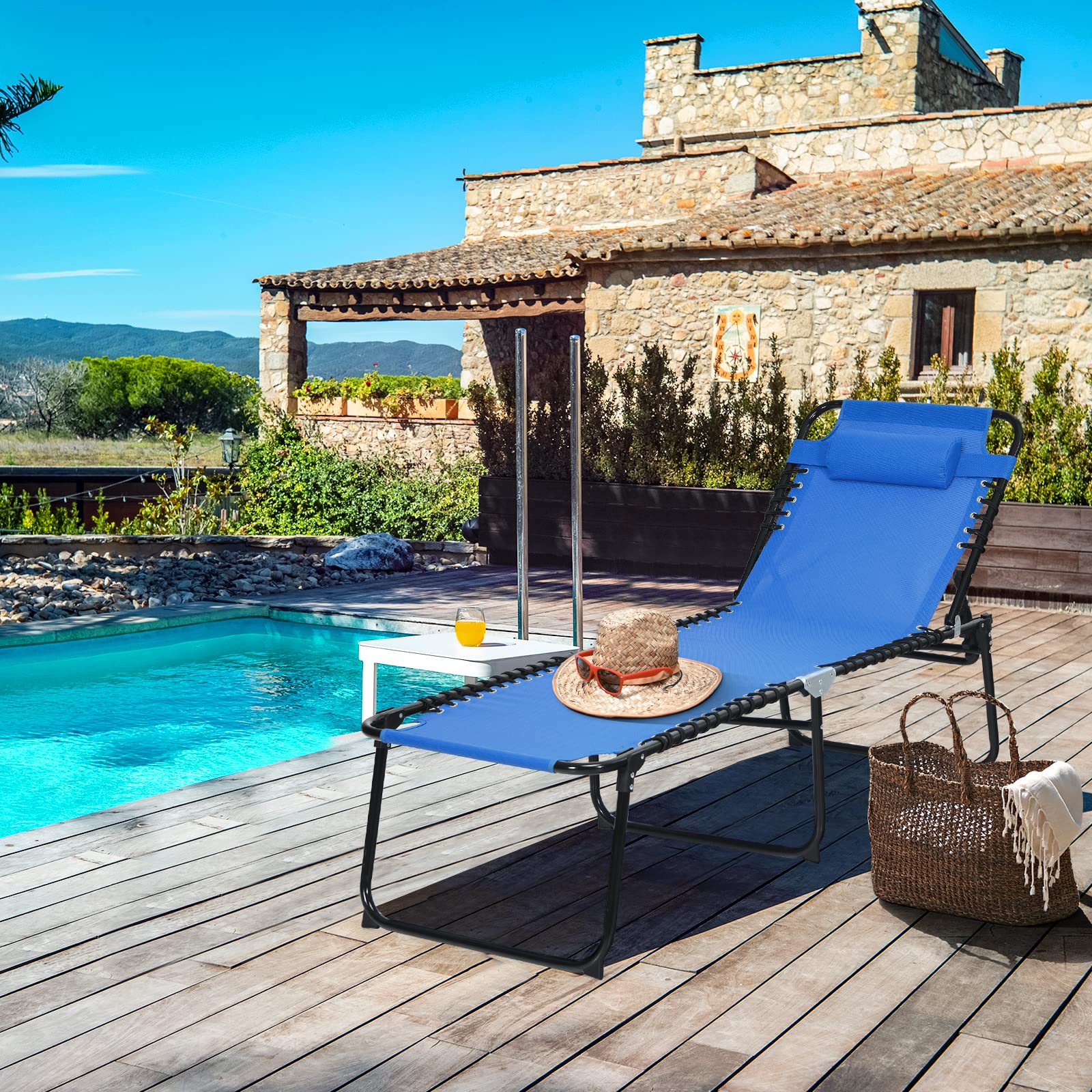 Gymax Outdoor Lounge Chair - Extra Tall Folding Beach Chair with 4-Position Adjustable Backrest, 2-Level Footrest & Detachable Pillow - Perfect for Tanning, Sunbathing by Pool, Patio, Lawn or Backyard (Navy Blue)