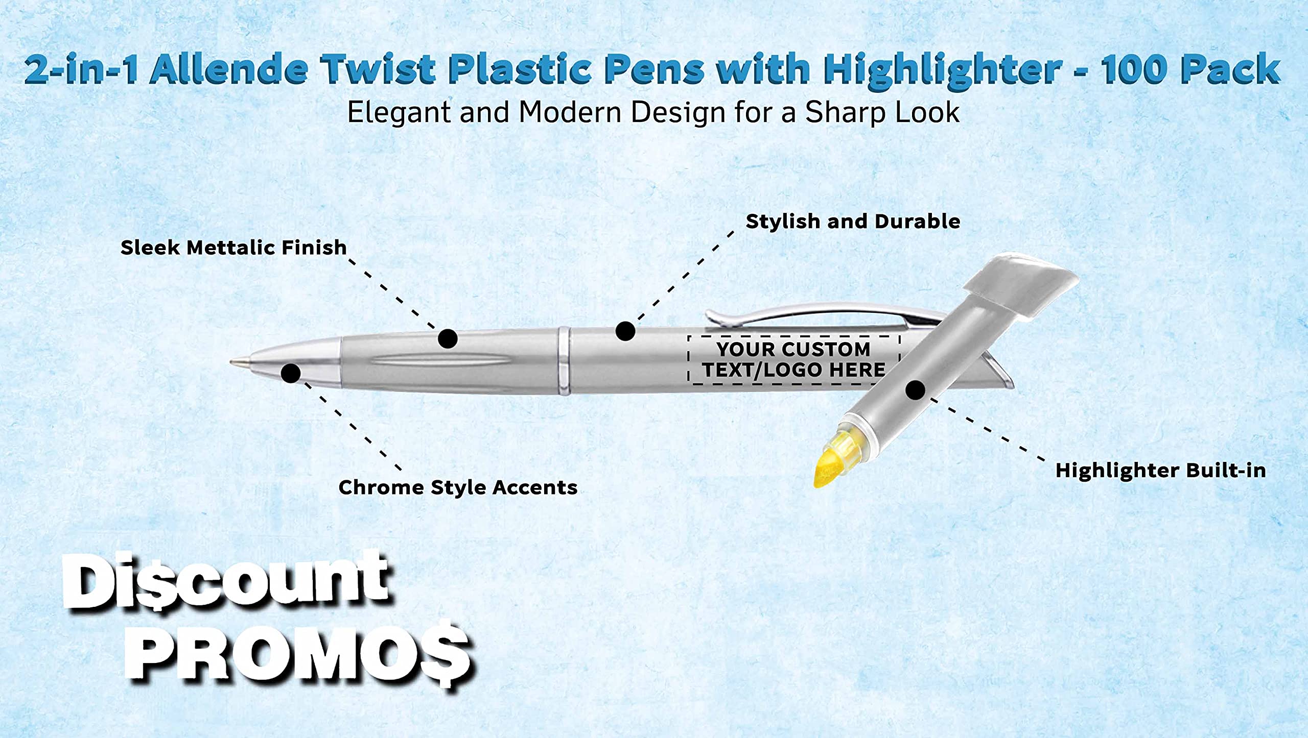 100 Pack Allende Twist Plastic Pens with Highlighter - Custom Text & Logo Printing - Durable Black Ink Ballpoint Pens for Office, School & Business Promotions - Bulk Promotional Pens for Corporate Gifts & Events