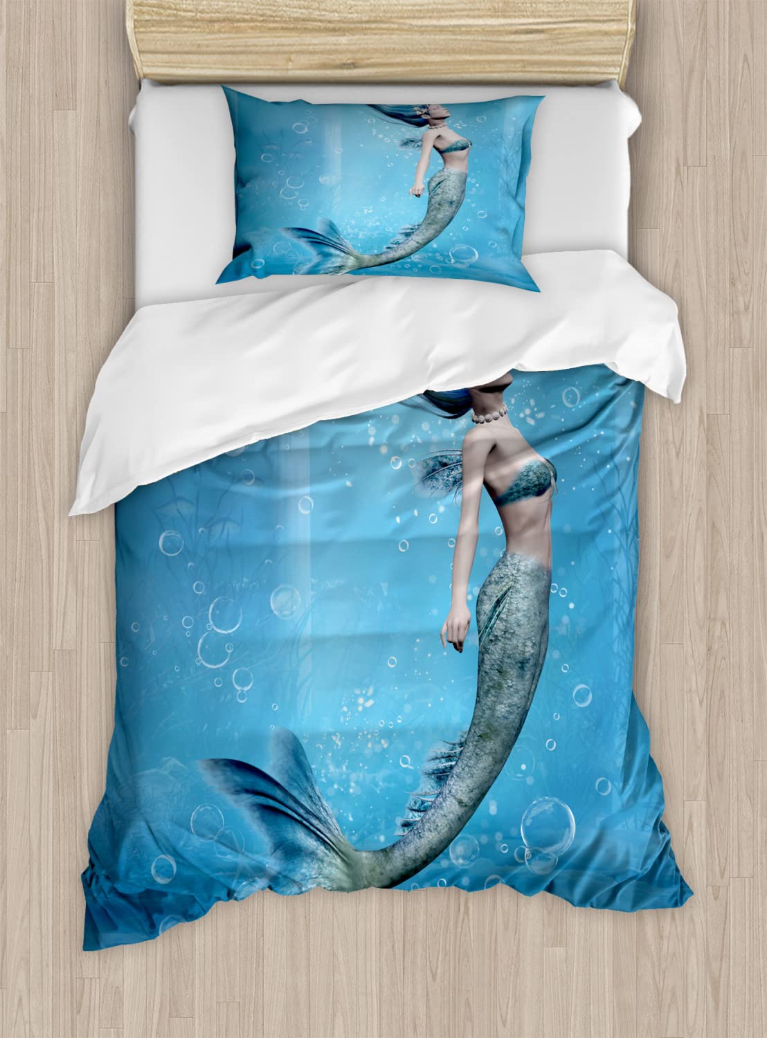 Ambesonne King Size Duvet Cover Set - 2 Pack Blue Underwater Mermaid Fishtail Ocean Life Print Bedding with 2 Duvet Covers & 4 Pillowcases | Mythical Creature Bubbles Art | Perfect for Beach Themed Bedrooms, Guest Rooms & Coastal Home Decor