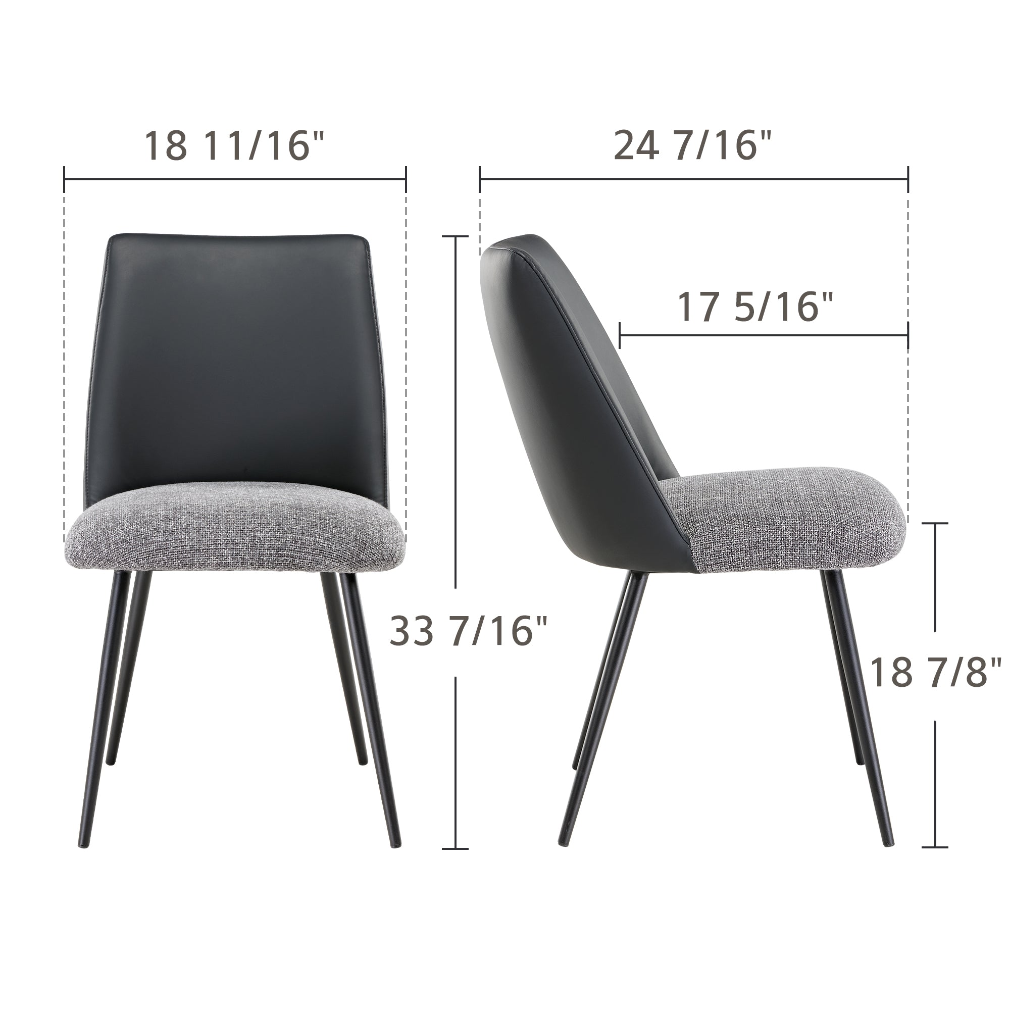 Solace Upholstered Dining Side Chairs Set of 2 - Black & Gray Modern Kitchen Chairs for Dining Room, Breakfast Nook, or Small Space