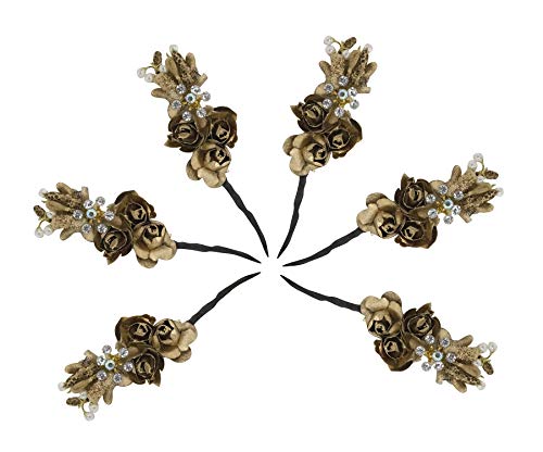 Majik Bun Decoration Hair Flower Juda Pins for Women & Girls - Golden Hair Accessories for Weddings, Parties & Special Occasions