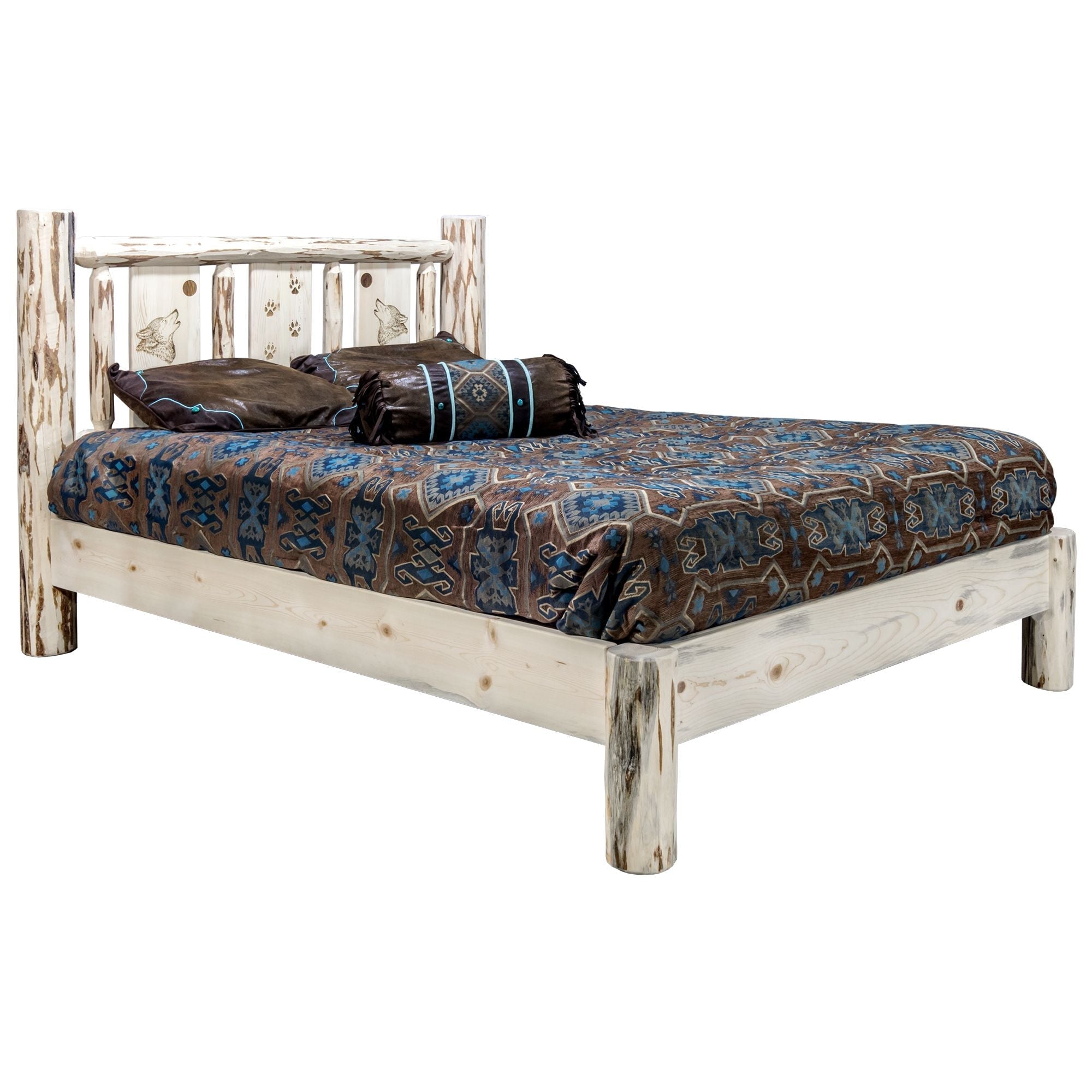 Montana Platform Bed with Laser Engraved Design - Solid Wood Frame & Clear Lacquer Finish - Modern Minimalist Bedroom Furniture for Small Spaces & Loft Apartments