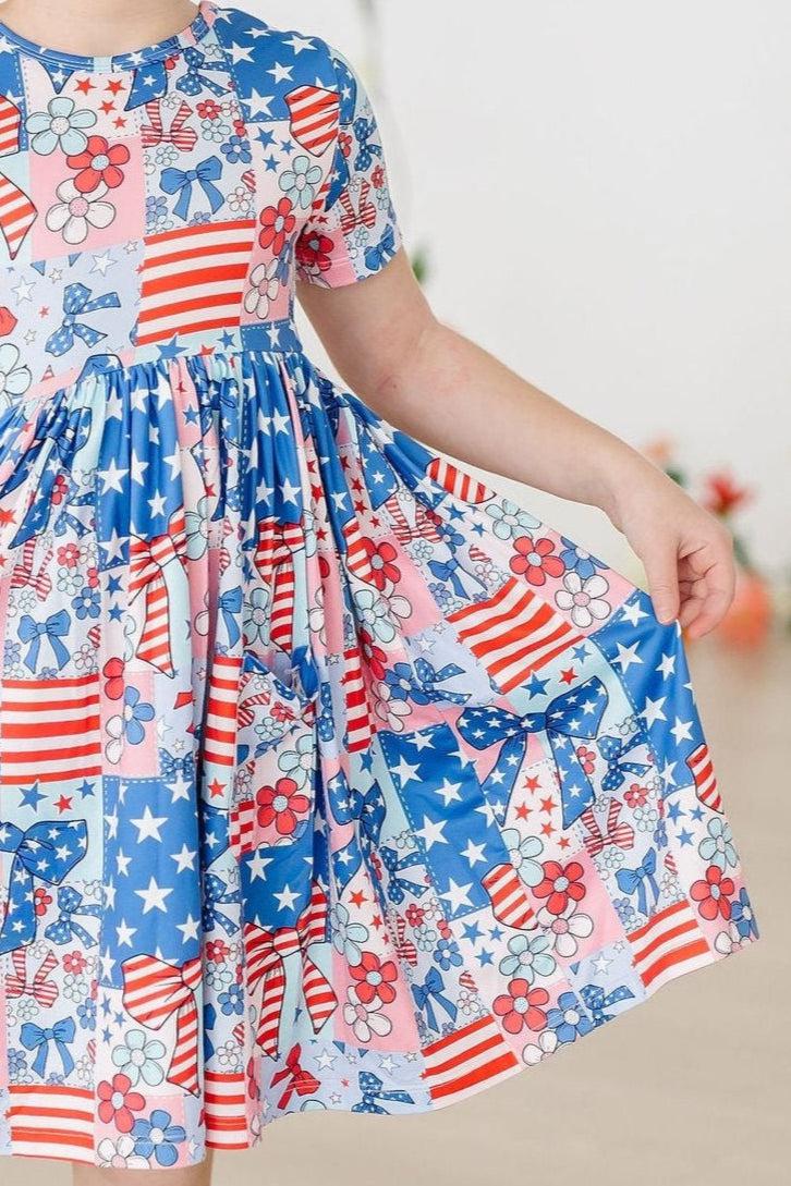 Patriotic Patchwork Short Sleeve Pocket Twirl Dress - Perfect for 4th of July, Summer Parties & Casual Outings